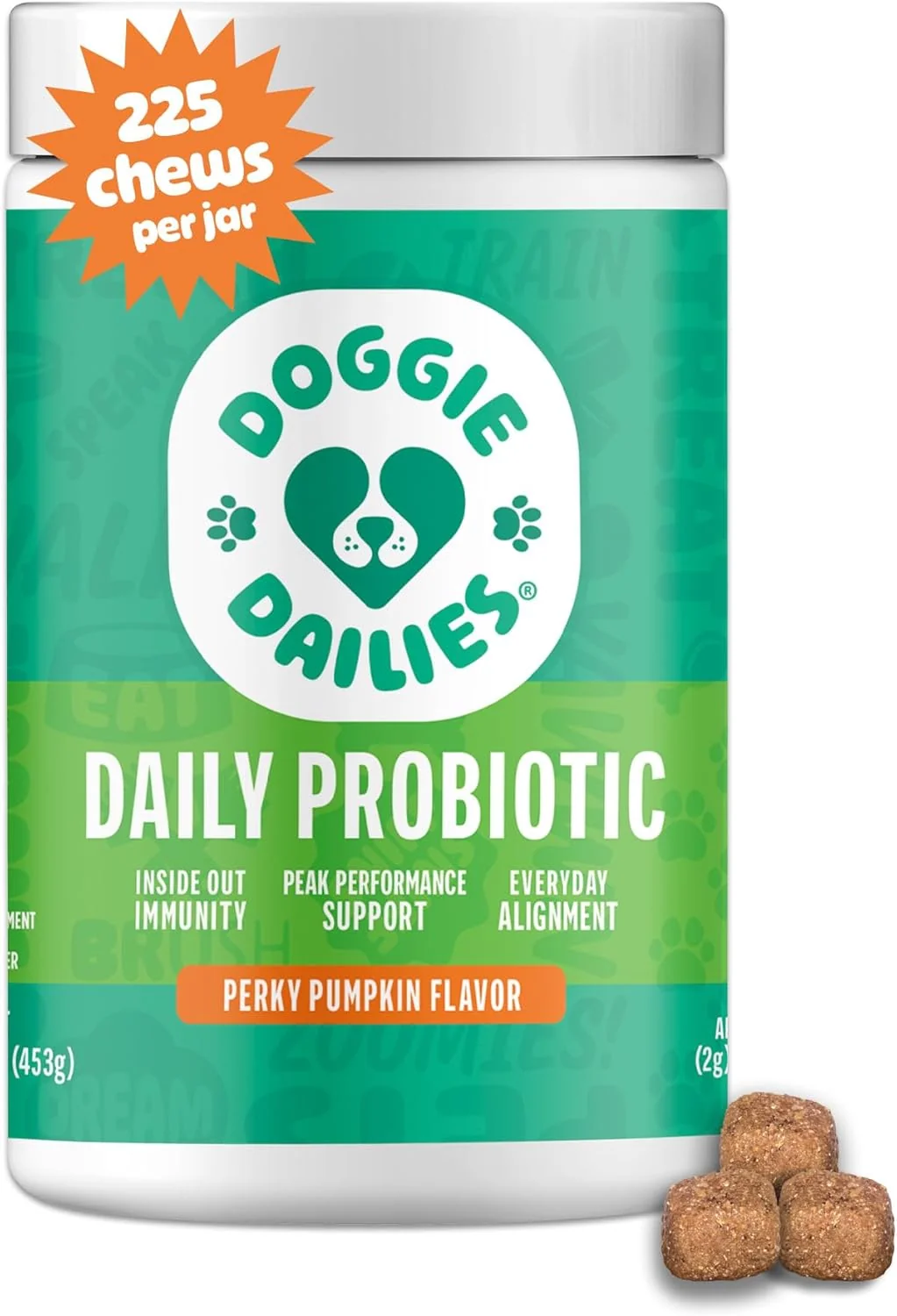 World-Class Doggie Dailies Probiotics for Dogs - Advanced Dog Probiotics with Prebiotics - Promotes Digestive Health - Supports Immune System and Overall Health Pumpkin 225 Soft Chews Minimalist