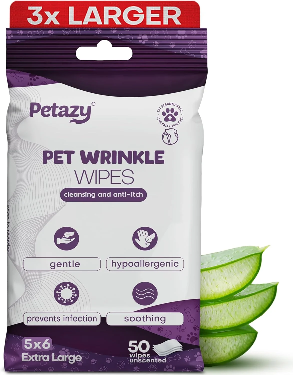 Quality Wrinkle Wipes for Dogs 3X Larger Dog Face Wipes for French Bulldog and Pug - Cleanse Skin Folds Tear Stains Tail Pockets Anti-Itch Soothing Hypoallergenic with Coconut Oil 50 Count Detailed