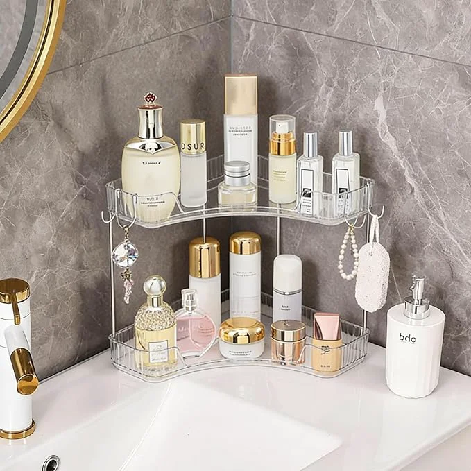 Artisan 2-Tier Corner Bathroom Organizer Countertop with Hooks Bathroom Sink Corner Vanity Storage for Makeup Skincare and Perfume White Silver About ThisOverview Specialty