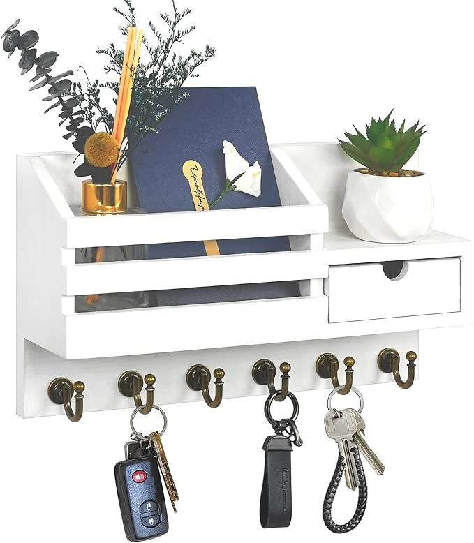 Carefully Designed FifthQuarter Key Holder Wall Mount Key and Mail Holder for Wall with 6 Hooks and Storage Drawer Easy Installation Key Rack for Entryway Home Decor A-White About ThisOverview Sophisticated