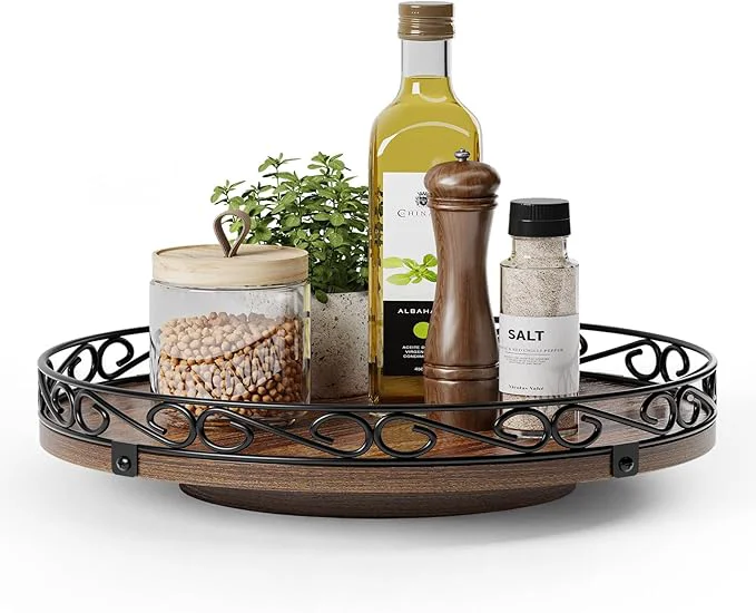 Easy-to-Use 12 Lazy Susan Turntable Organizer for Table Top Round Wooden Lazy Susan for Cabinet Farmhouse Decorative Tray for Coffee Table Kitchen Organizer Countertop Center Piece Decor Rustic BrownAbout ThisOverview Safe