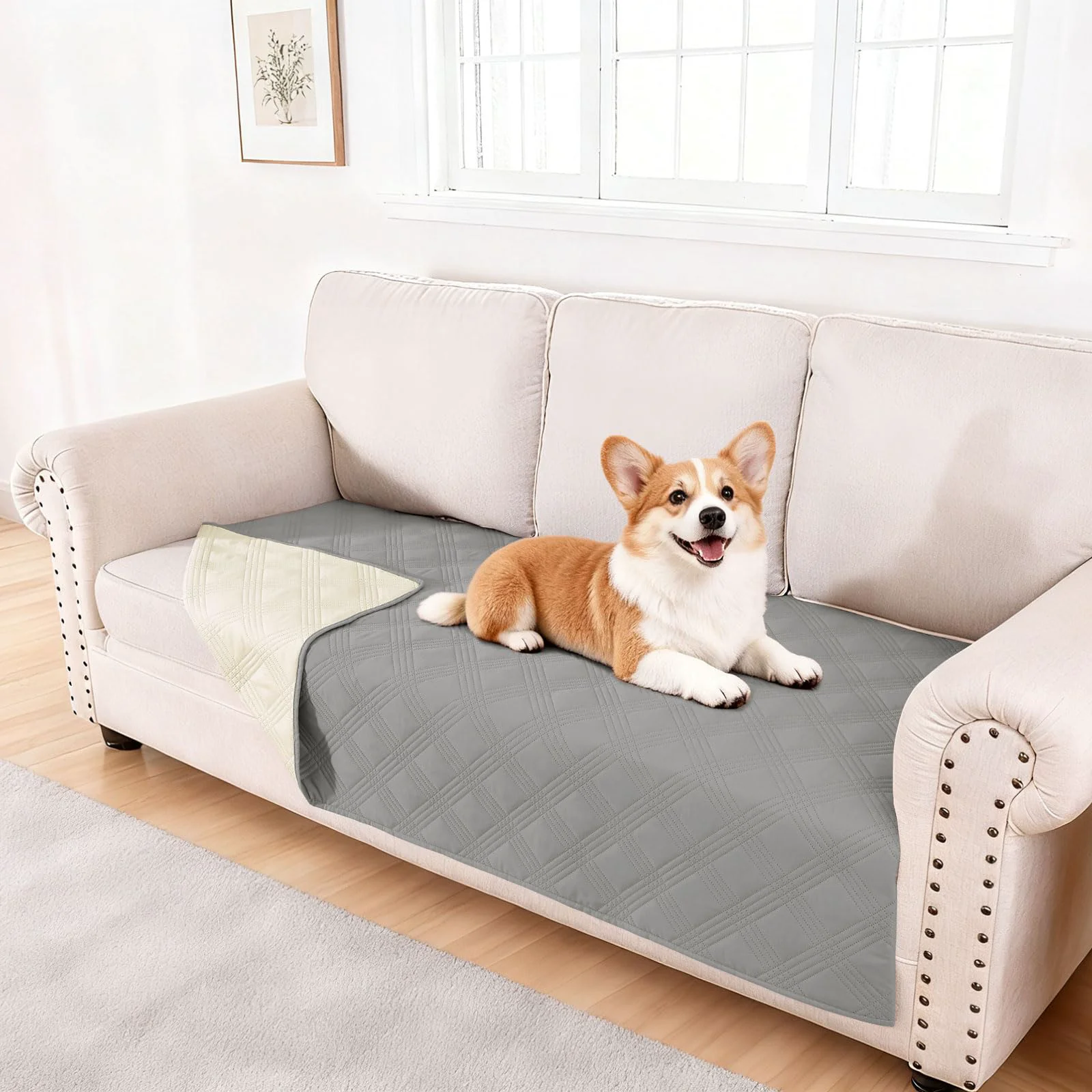 Convenient hyha Waterproof Dog Blanket Reversible Washable Sofa Cover 40x70 in Grey Beige Durable