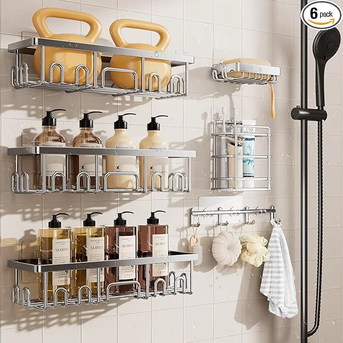 Next-Generation Veken Shower Caddy 6-Pack Advanced Rustproof Design No Drilling Adhesive Shelves Rack with Soap Holder Large Capacity Bathroom Organizers and Storage Wall-Mounted Kitchen Home Decor SilverAbout ThisOverview Pure