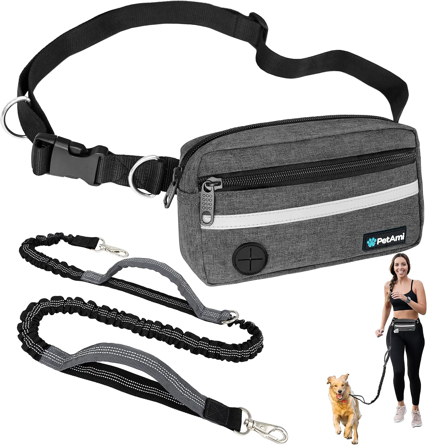 High-Grade PetAmi Hands Dog Leash Dog Running Leash Belt for Walking Jogging Dog Waist Zipper Pouch Fanny Pack with Poop Bag Dispenser Dual Padded Handle Bungee Leash for Small Medium Large Dogs Double Traditional