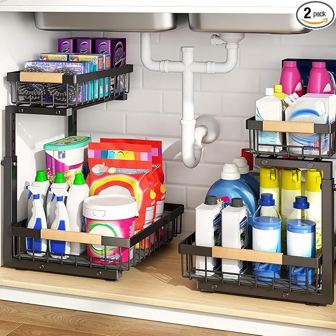 Flexible PXRACK Under Sink Organizer Adjustable Height 2 Tier Pull Out Under Cabinet Organizer Slide Out Thickened Metal Under Sink Storage for Kitchen Bathroom Laundry Pantry Cabinet Black Large-2-PackAbout ThisOverview Trendy