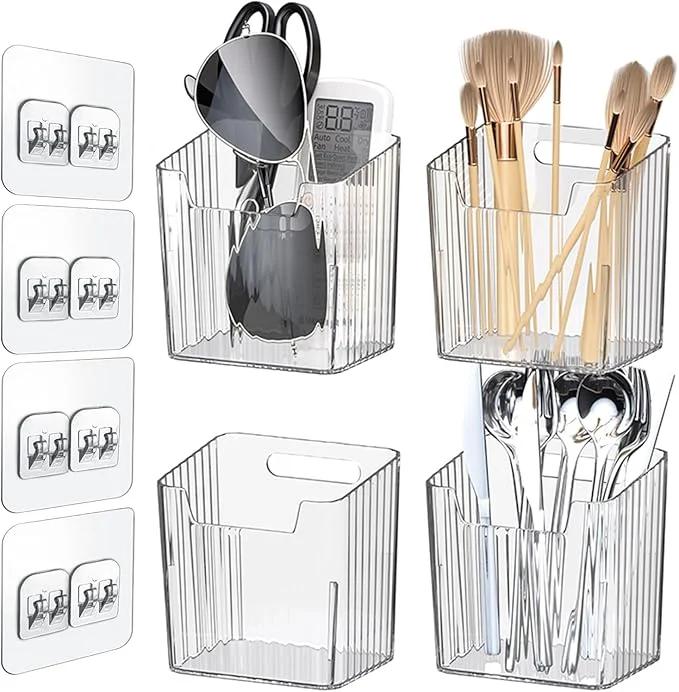 Innovative 4 Pack Wall Organizers and Storage - Clear Acrylic Cabinet Door Organizer Bins Adhesive Remote Control Holder Space-Saving Stackable Wall Storage for Bathroom Kitchen Pantry RV Dorm OfficeAbout ThisOverview Premium