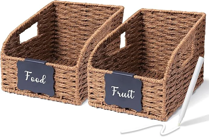 Professional Wicker Baskets for Organizing Pantry Kitchen Counter with Handles Handwoven Woven Storage Baskets for Fruit Bread Vegetable Paper Storage Bins for Shelves 2 Pack Small Brown 2 SetOverview Outstanding