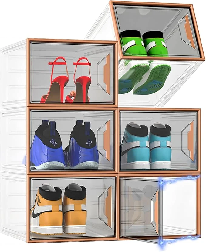 Eco-Friendly X-Large Stackable Shoe Boxes - Clear Plastic Shoe Storage Boxes with Magnetic Door Thicken Shoe Organizer for Closet Space Saving Foldable Shoe Containers Bins for Sneaker Boot - 6 Pack Brown About ThisOverview Verified