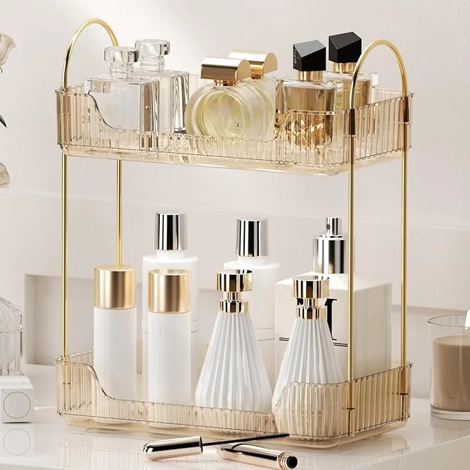 Optimized YCIA DONE Bathroom Organizer Countertop Makeup Storage Skincare Cosmetic Tray Shelf Perfume Holder Rack for Vanity Counter Large Capacity Easy to Install Clean 2 Tiers Amber GoldAbout ThisOverview Superior