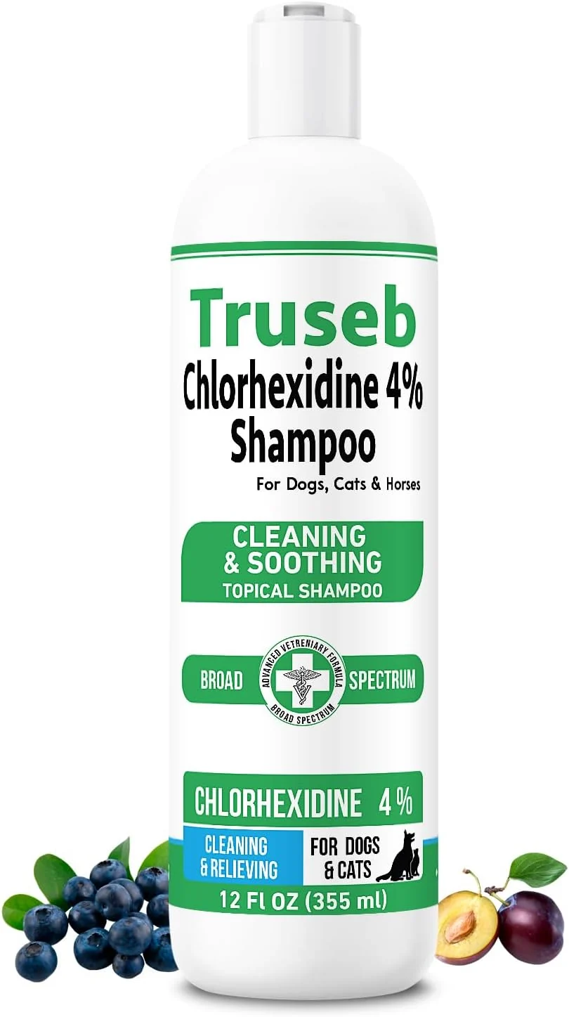 Innovative Truseb Topical Chlorhexidine 4 Shampoo for Dogs Cats and Horses with Plum Blueberry Scent - 12 oz - Made in U.S.A Chlorhexidine 4 Shampoo 12 oz Enhanced
