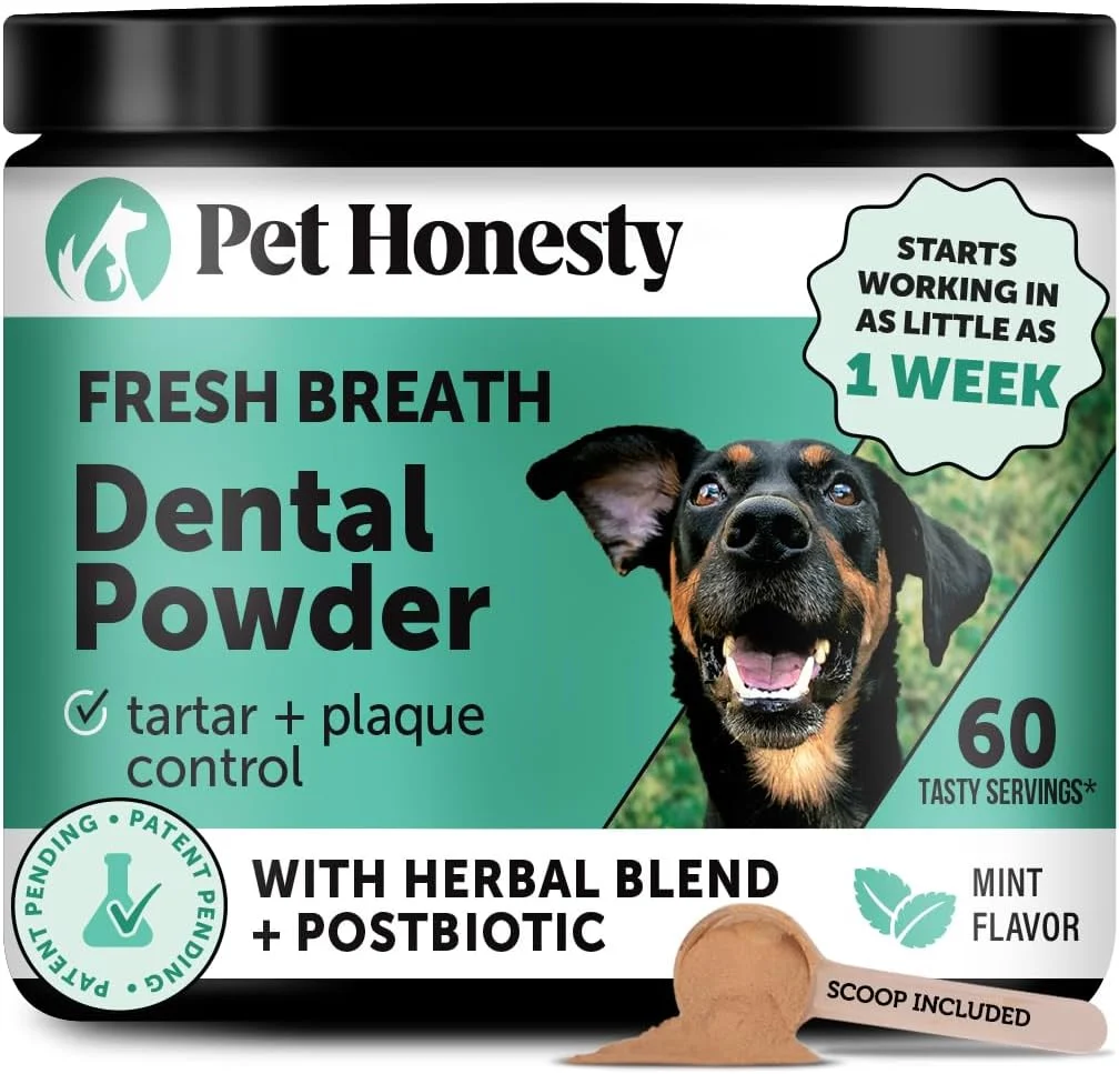 Refined Dog Breath Freshener Dental Powder for Teeth Cleaning Plaque Off Dental Care for Large Dogs Tartar Remover for Teeth with Natural Herbal Blend Postbiotics Mint - 60 Servings Versatile