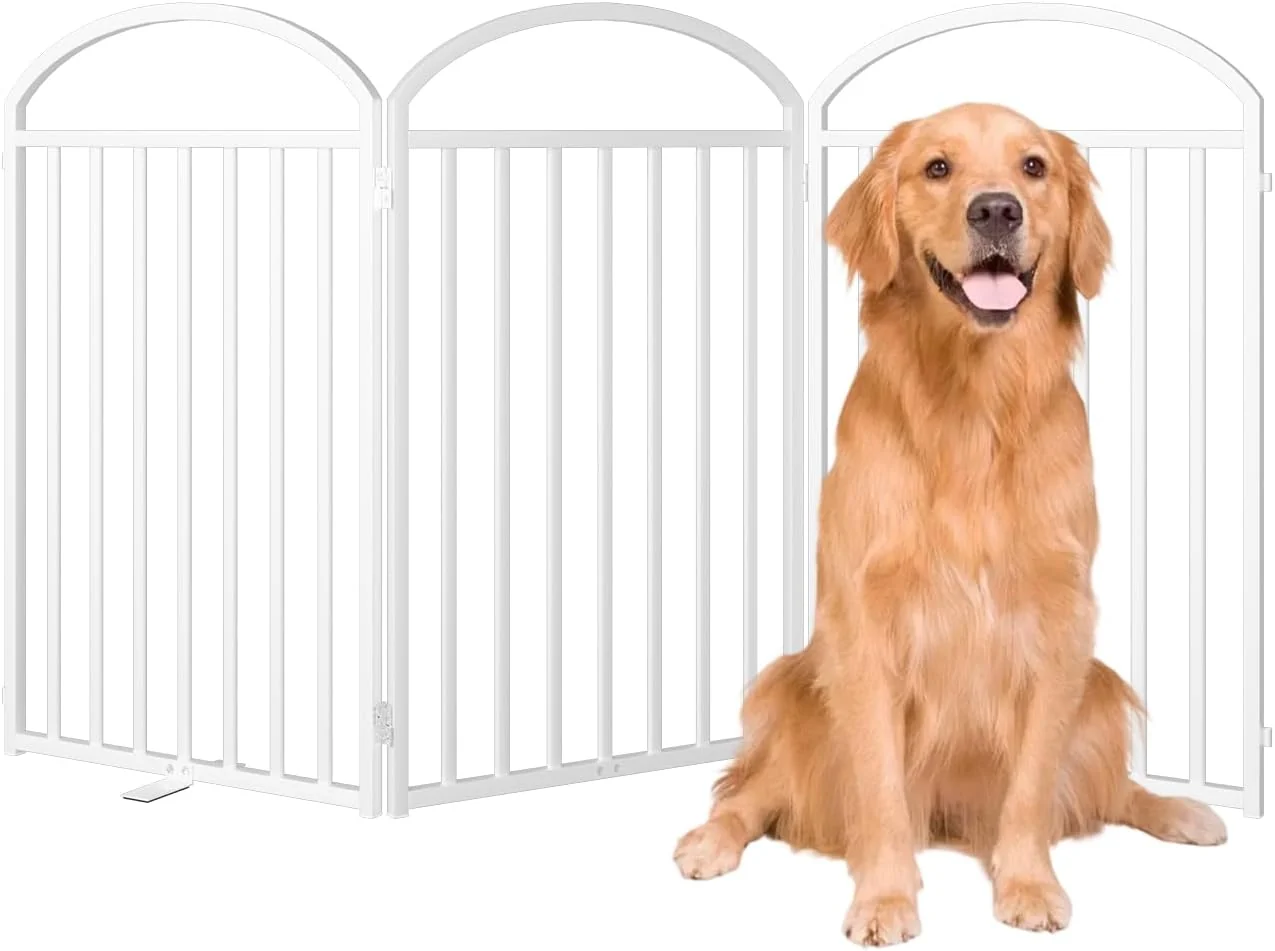 User-Friendly 3 Panles Full Matel standing Dog Gates with Door 72 Extra Wide 32 Tall Standing Dog Pet Gate for Indoor Outdoor. Foldable Pet Fences for Doorways House Stairs Porch Deck Yard High-Performance