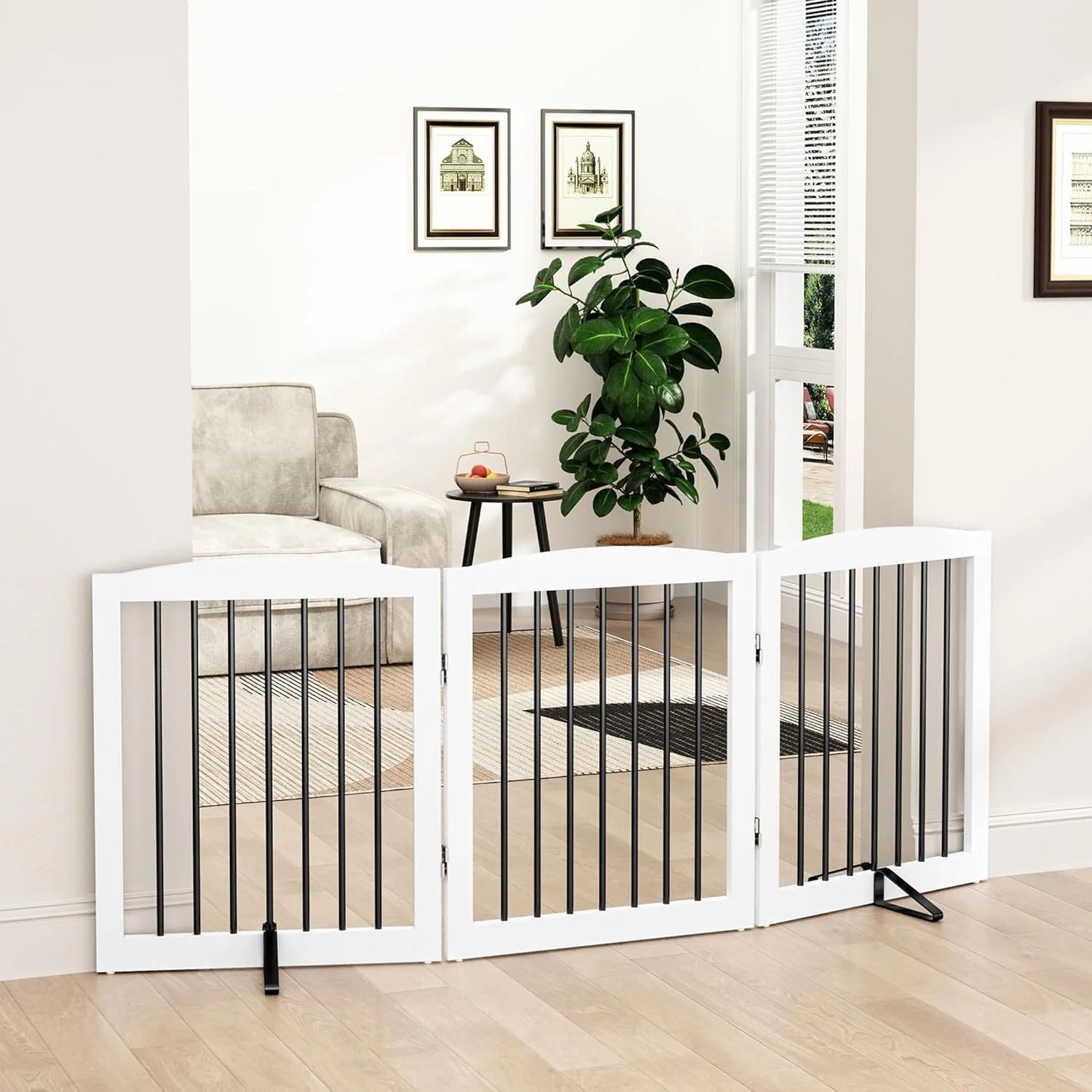 Clean standing Wooden Pet Gate for House Foldable Indoor Dog Gate for Doorways Stairs - 24 Height 3 Panels White Original Design