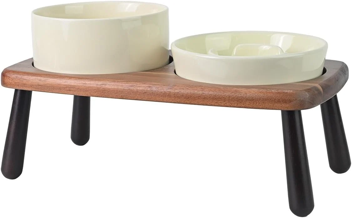 Specialty SPUNKYJUNKY Ceramic d Dog Bowls with Slow Feeder Raised with Acacia Bamboo Wooden Stand 6.1'' Dog and Cat Food Water Bowls Set Non-Slip for Small Medium Sized Breed - Beige Contemporary