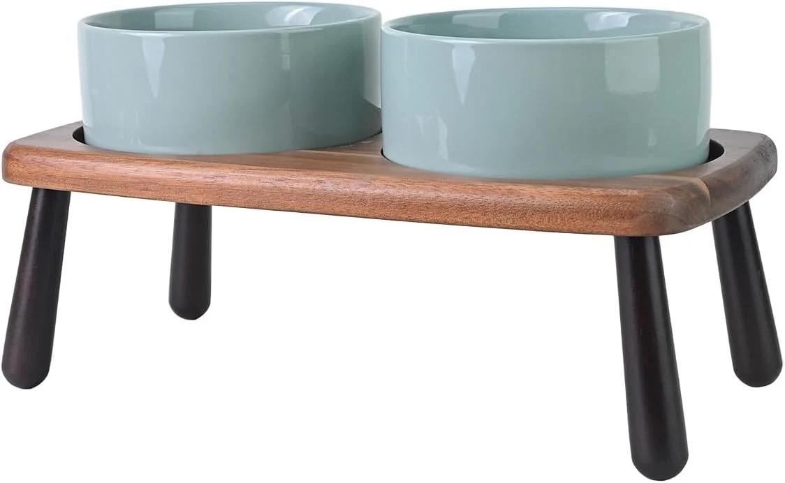 Expertly Made SPUNKYJUNKY Ceramic d Dog Bowls Raised with Acacia Bamboo Wooden Stand 6.1'' Dog Cat Food Water Bowls Set Non-Slip for Small Medium Sized Breed Microwave Dishwasher Safe - 28.7 OZ Light Green Genuine