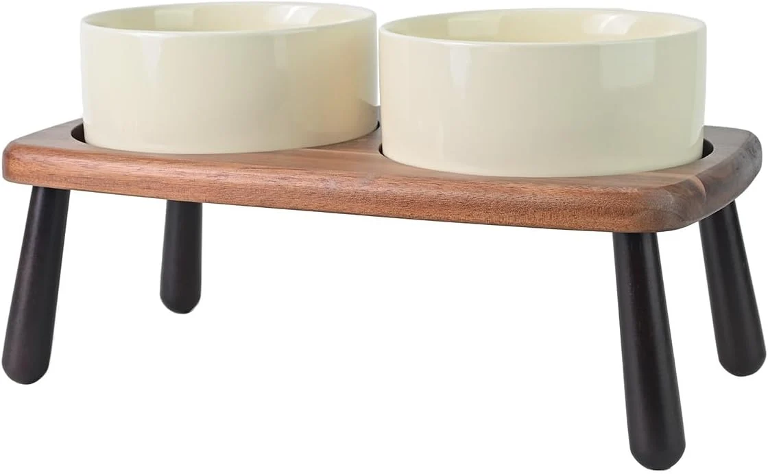 User-Friendly SPUNKYJUNKY Ceramic d Dog Bowls Raised with Acacia Bamboo Wooden Stand 6.1'' Dog and Cat Food Water Bowls Set Non-Slip for Small Medium Sized Breed Microwave Dishwasher Safe - 28.7 OZ Beige Soft