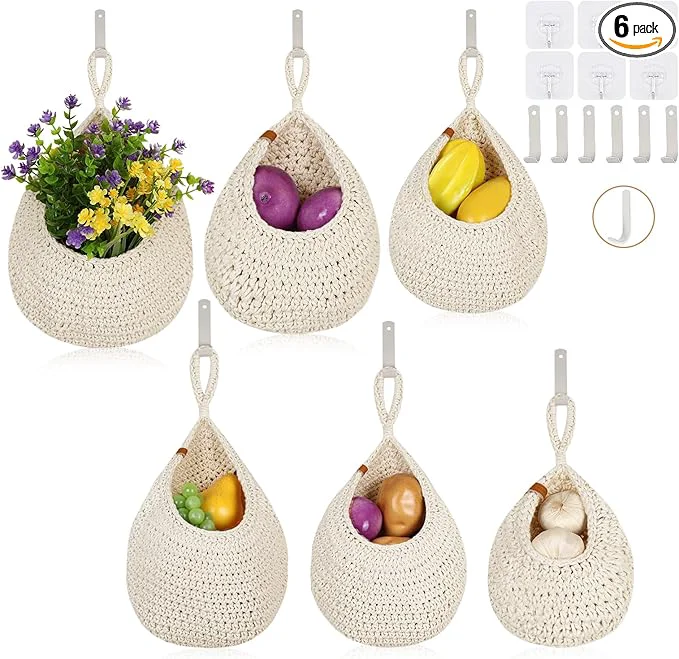 Functional Hanging Fruit Baskets for Kitchen - 6 Pack Boho Wall Hanging Basket Handwoven Wall Fruits Basket for Garlic Potato Vegetable Onion Teardrop Home Hanging Storage Baskets White Classic）About ThisOverview Clean