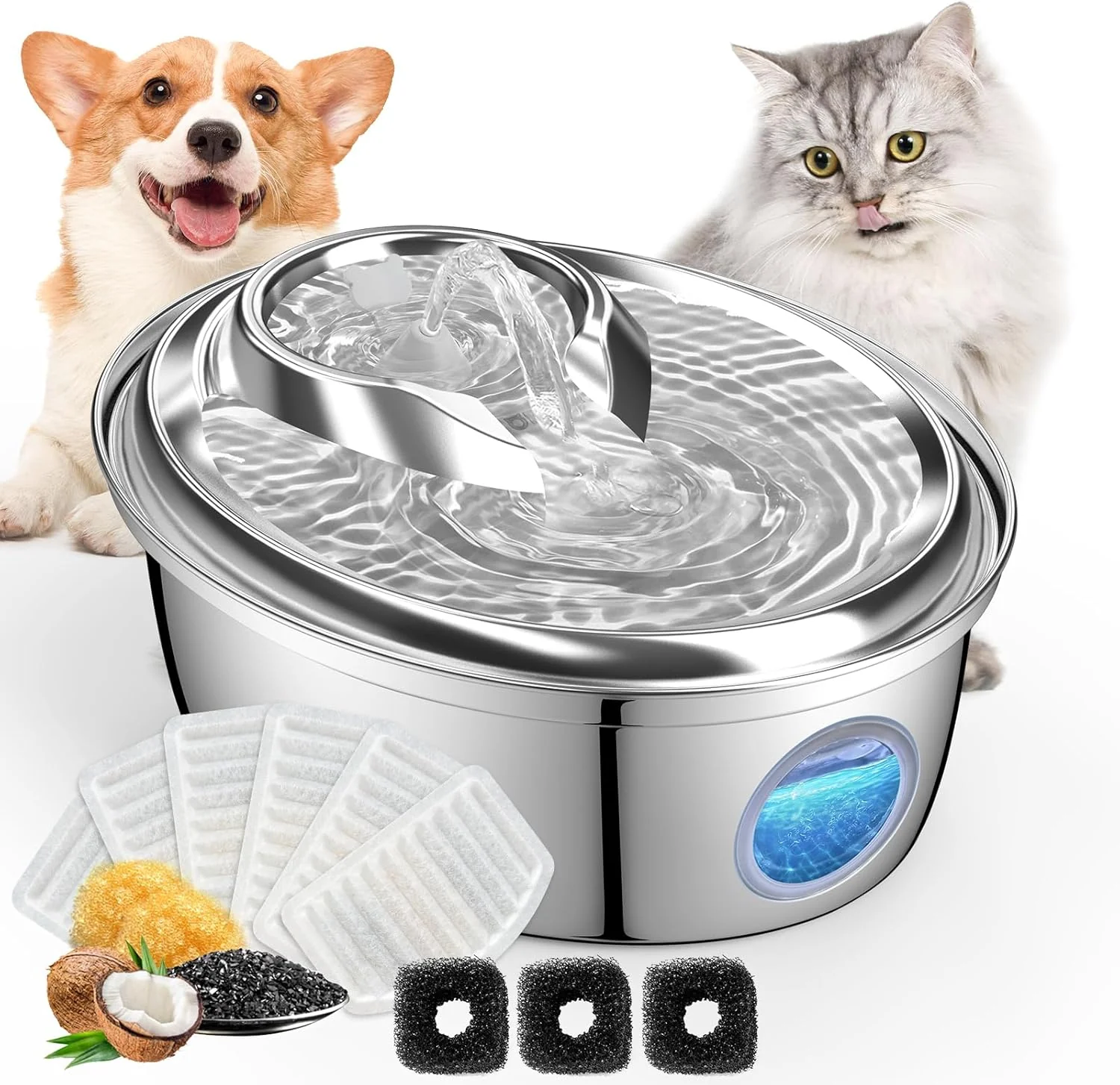 Fashionable ORSDA Stainless Steel Cat Water Fountain Automatic Pet Drinking Fountain 100oz 3L Dog Water Dispenser with LED Water Level Window- 9Pcs Filters（ D66 High-End