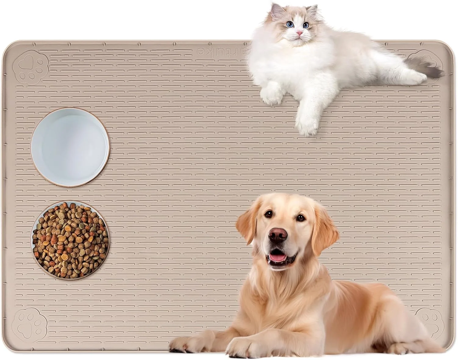 Fast Cat Food Mat 40 x 28 Extra Large Silicone Pet Feeding Mat with Raised Edge Pet Placemat for Food and Water Bowl Non-Slip Easy to Clean Floor Protection Khaki Reliable