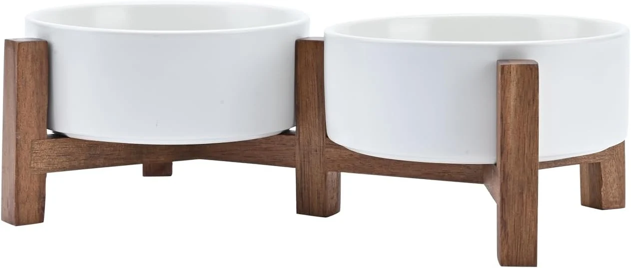 Official SPUNKYJUNKY Ceramic Dog Bowls with Acacia Wood Stand - Raised Dog Food and Water Bowl Set for Small Dogs 13.52 OZ White Durable