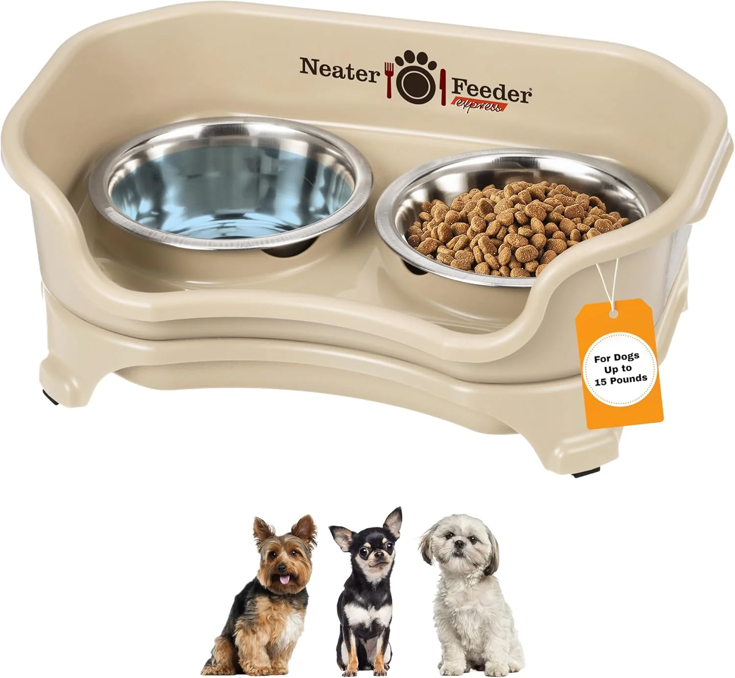 Innovative Neater Feeder Express Mess Proof Dog Bowls d for Small Breeds Under 15 Lb Made in USA No Spill Raised Dog Food Bowl Stand Stainless Steel Food and Water Bowl Set Feeding Station Almond Fine Crafted
