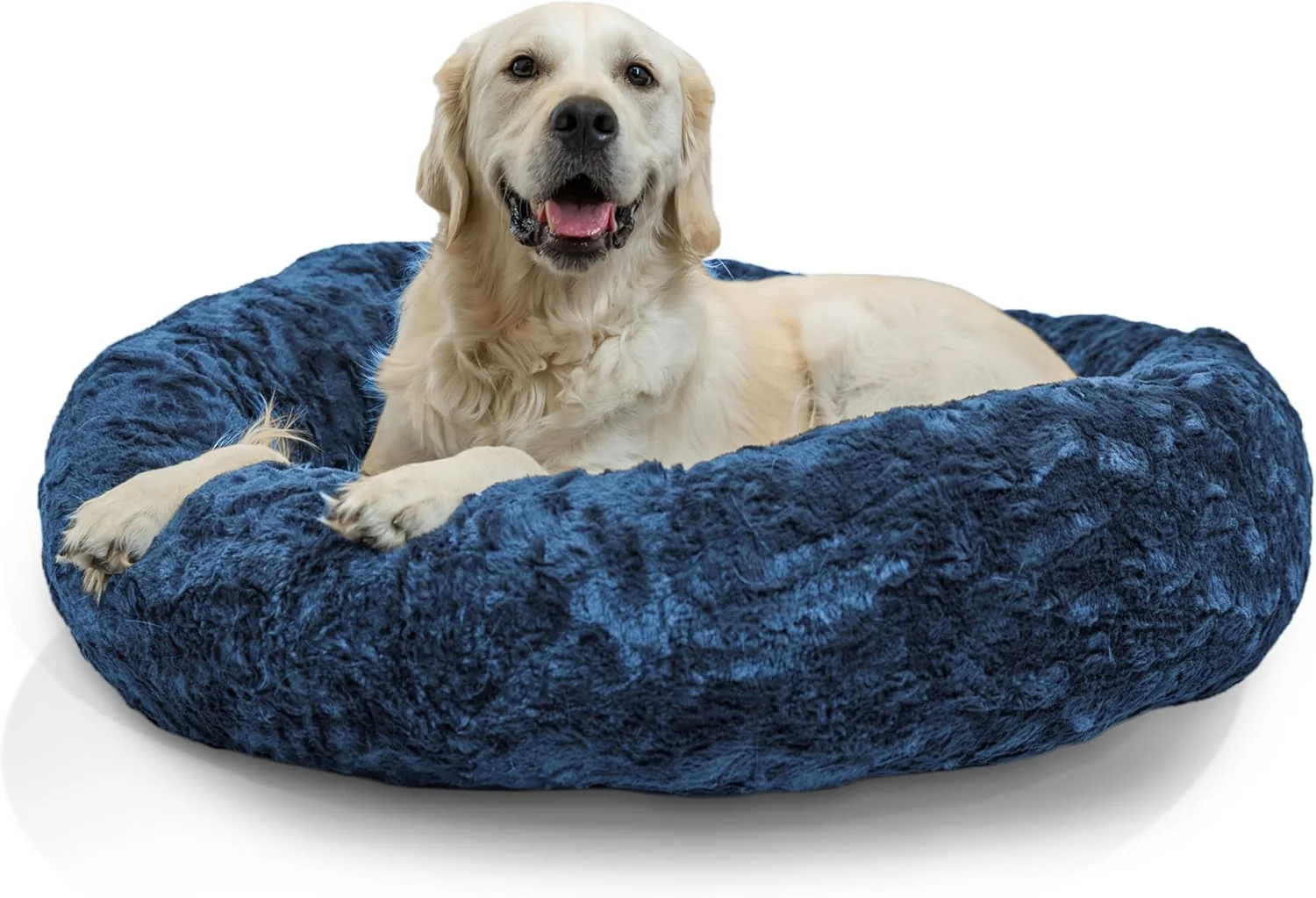 Premium Material Friends by Sheri Calming Donut Dog and Cat Bed Lux Faux Fur Navy Blue 36in x 36in - Anxiety Relief for Pets Up to 100 lbs Next-Generation