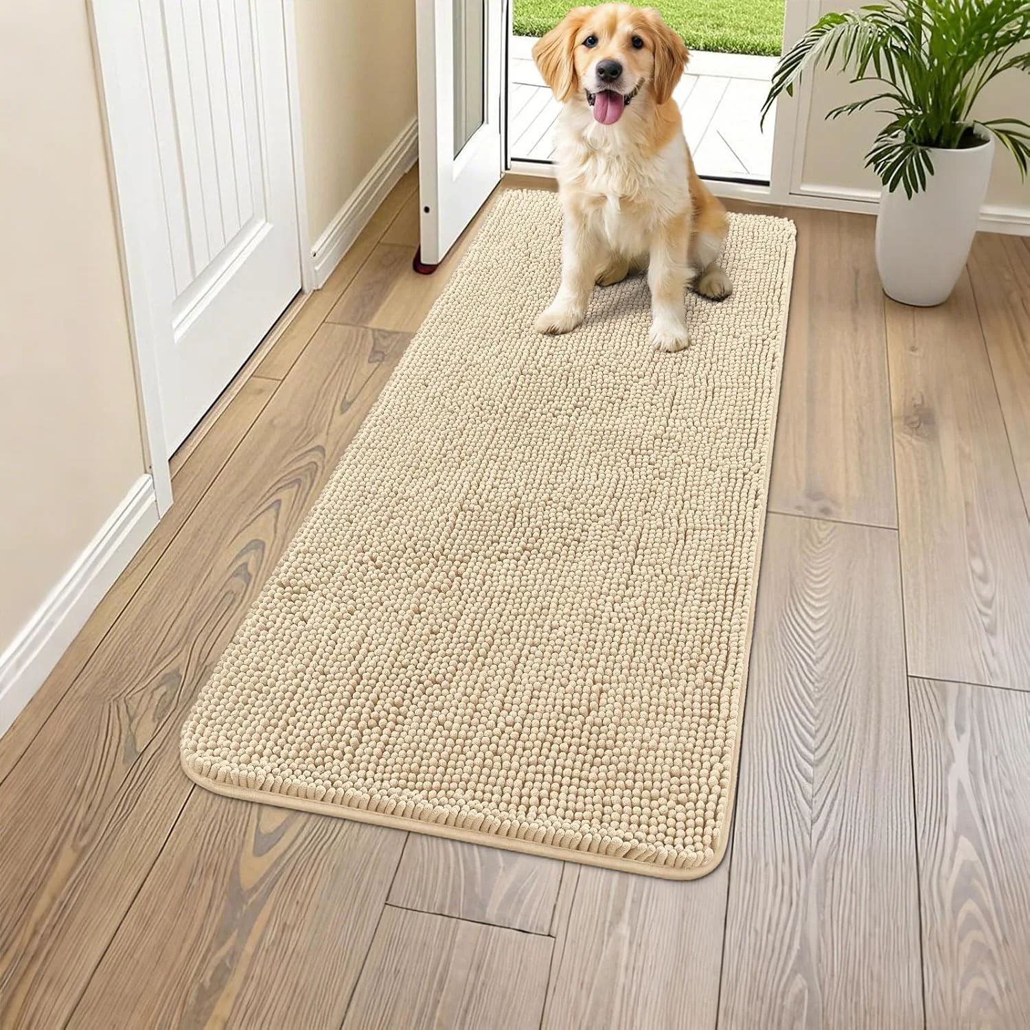 Selected Smiry Dog Door Mat for Muddy Paws 47x17 Absorbs Moisture and Dirt Doormat Non-Slip Washable Quick Dry Chenille Front Door Mat Indoor Entrance Entryway Carpet for Inside Floor Beige Fast