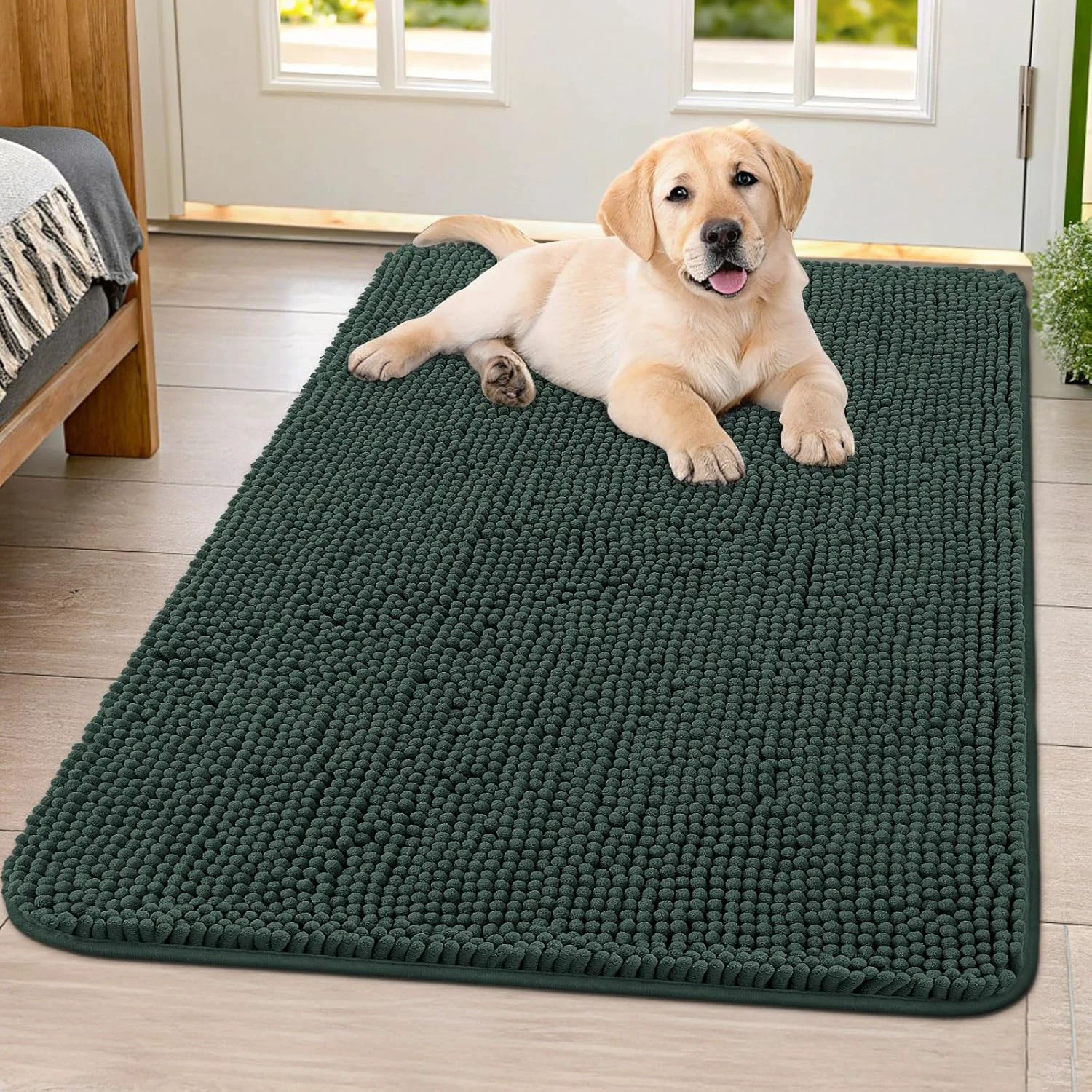 Clean Smiry Dog Door Mat for Muddy Paws 40x32 Absorbs Moisture and Dirt Doormat Non-Slip Washable Quick Dry Chenille Front Door Mat Indoor Entrance Entryway Carpet for Inside Floor Green Convenient
