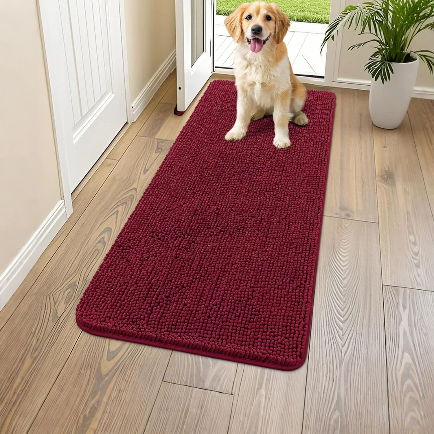 Premium Material Smiry Dog Door Mat for Muddy Paws 59x24 Absorbs Moisture and Dirt Doormat Non-Slip Washable Quick Dry Chenille Front Door Mat Indoor Entrance Entryway Carpet for Inside Floor Burgundy Next-Generation