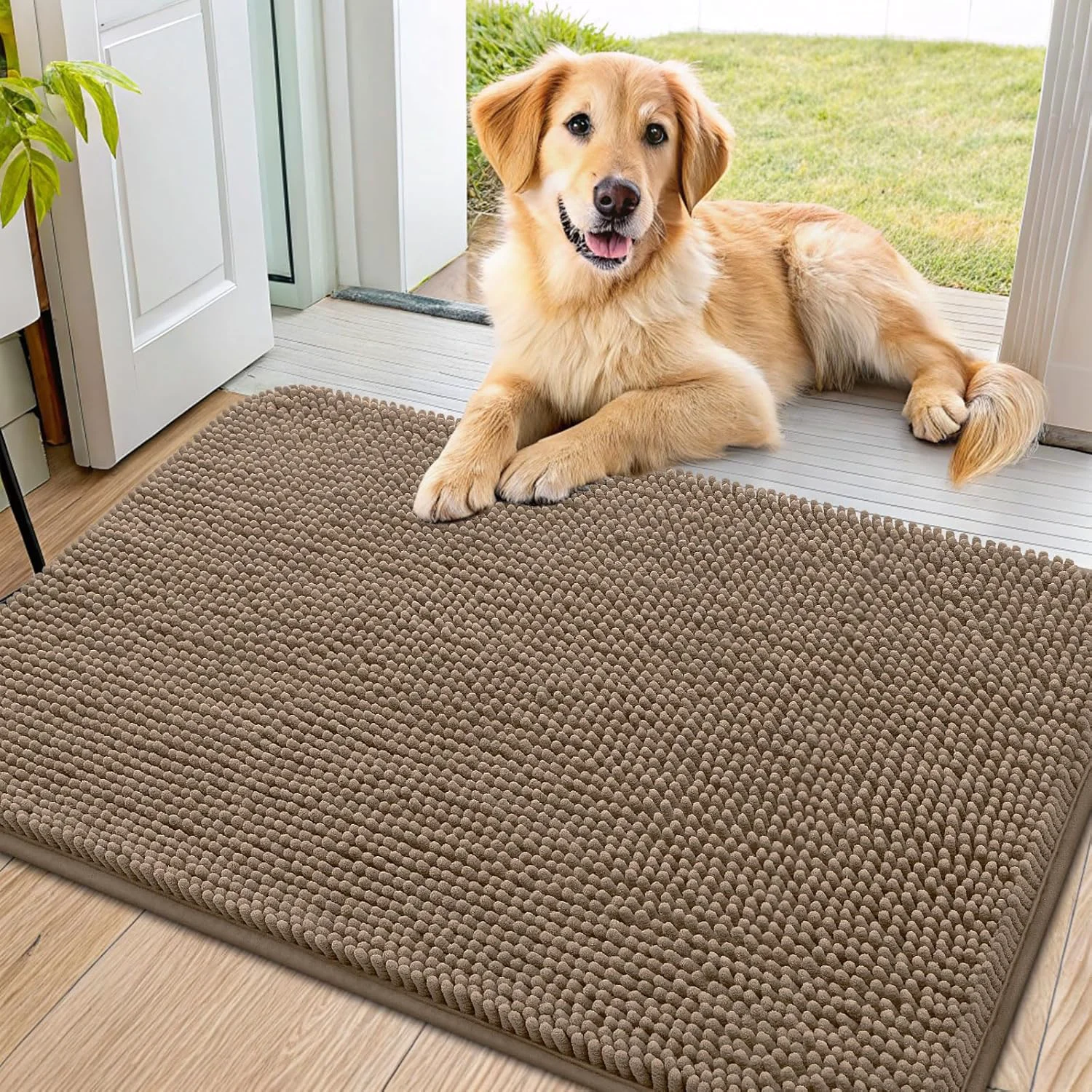 Elegant Smiry Dog Door Mat for Muddy Paws 36x24 Absorbs Moisture and Dirt Doormat Non-Slip Washable Quick Dry Chenille Front Door Mat Indoor Entrance Entryway Carpet for Inside Floor Camel Smooth