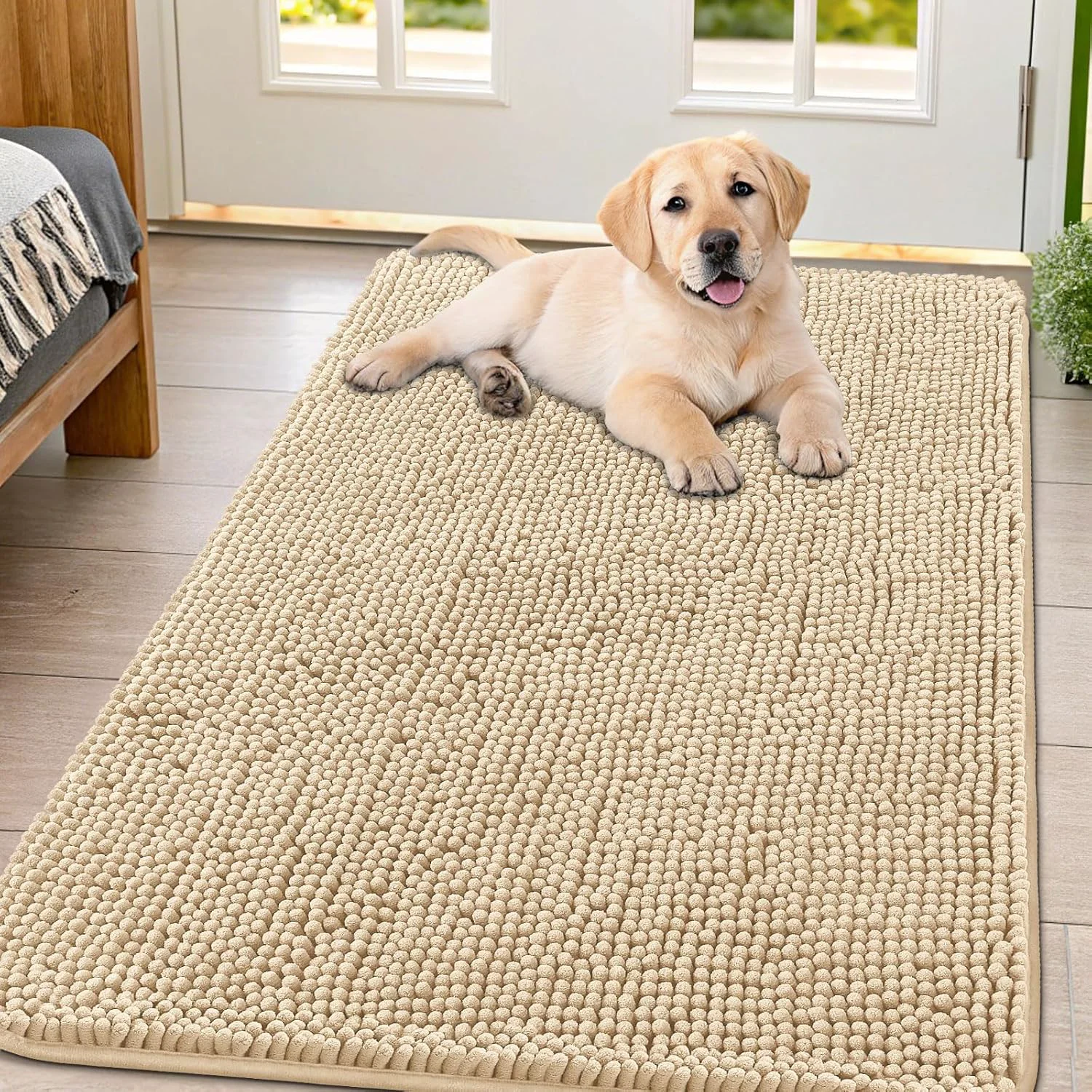 Official Smiry Dog Door Mat for Muddy Paws 54x32 Absorbs Moisture and Dirt Doormat Non-Slip Washable Quick Dry Chenille Front Door Mat Indoor Entrance Entryway Carpet for Inside Floor Beige Durable