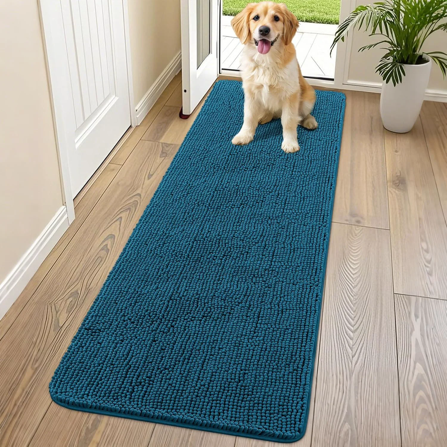 Unique Smiry Dog Door Mat for Muddy Paws 70x24 Absorbs Moisture and Dirt Doormat Non-Slip Washable Quick Dry Chenille Front Door Mat Indoor Entrance Entryway Carpet for Inside Floor Atlantic Blue Optimized