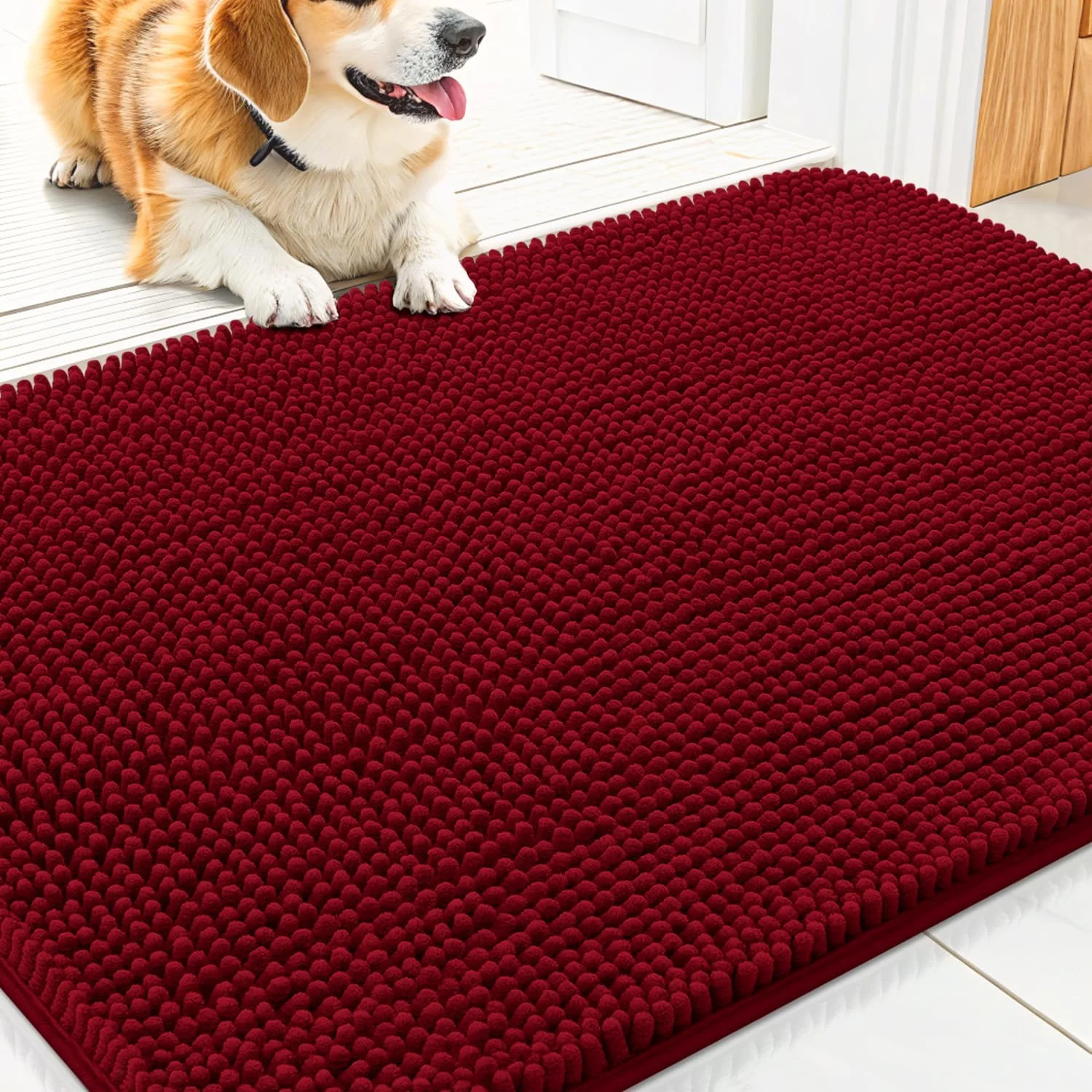 Advanced Smiry Dog Door Mat for Muddy Paws 30x20 Absorbs Moisture and Dirt Doormat Non-Slip Washable Quick Dry Chenille Front Door Mat Indoor Entrance Entryway Carpet for Inside Floor Red Luxury