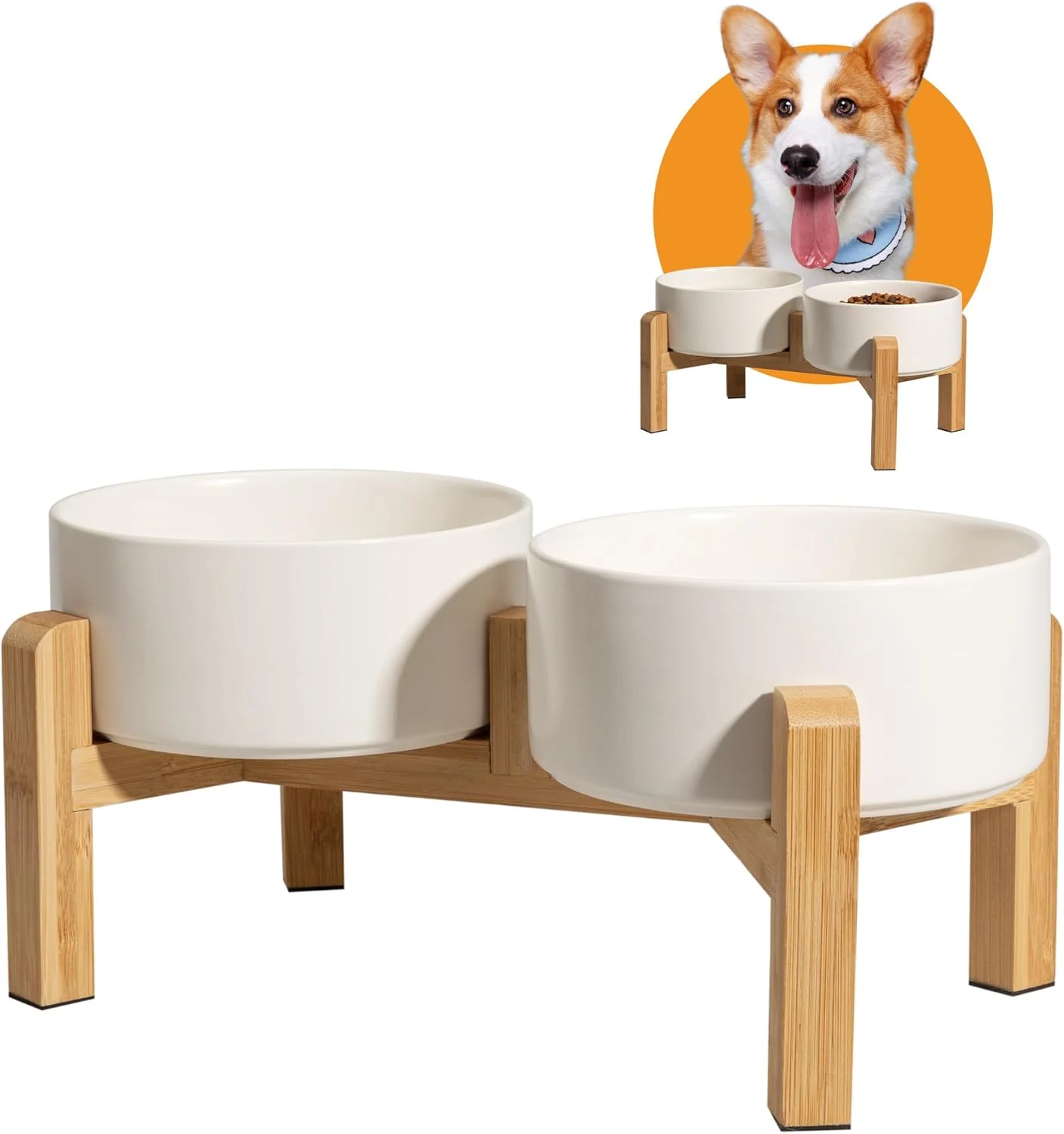 Secure d Ceramic Dog Bowl Set - Raised Dog Bowls with Non-Slip Bamboo Stand - Dog Food and Water Bowl Set - Double Dog Feeding Bowls - Suitable for Small and Medium Dogs - 28.74 OZ - 3.6 CUPS - 850 ML User-Friendly