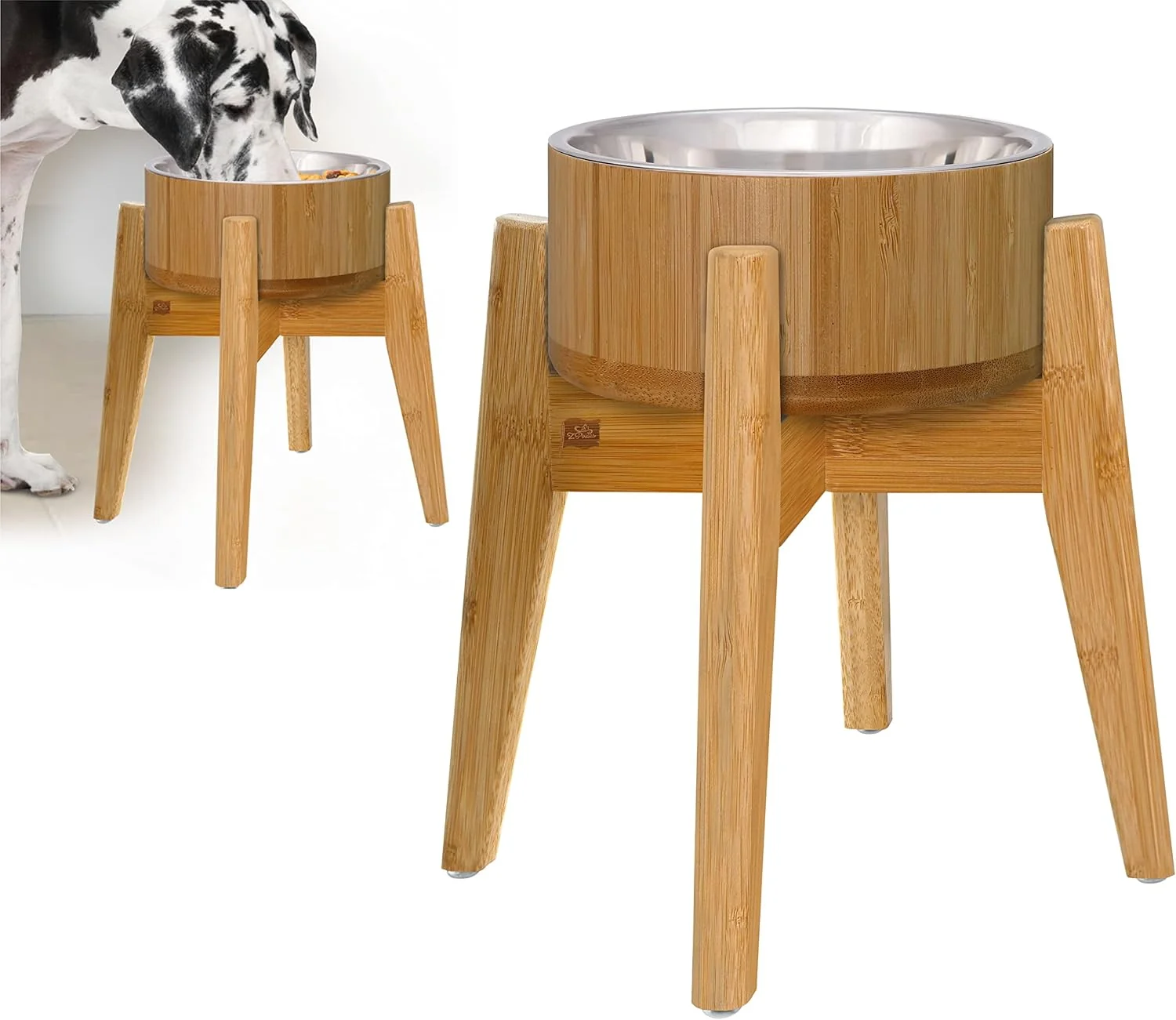 Refined Dog Bowls d 12-inch High 5-Cup Cap - Set of Bamboo Holder Stainless Inner Dish and Stand - I for Medium to Large Breeds - All-Detachable Parts Natural