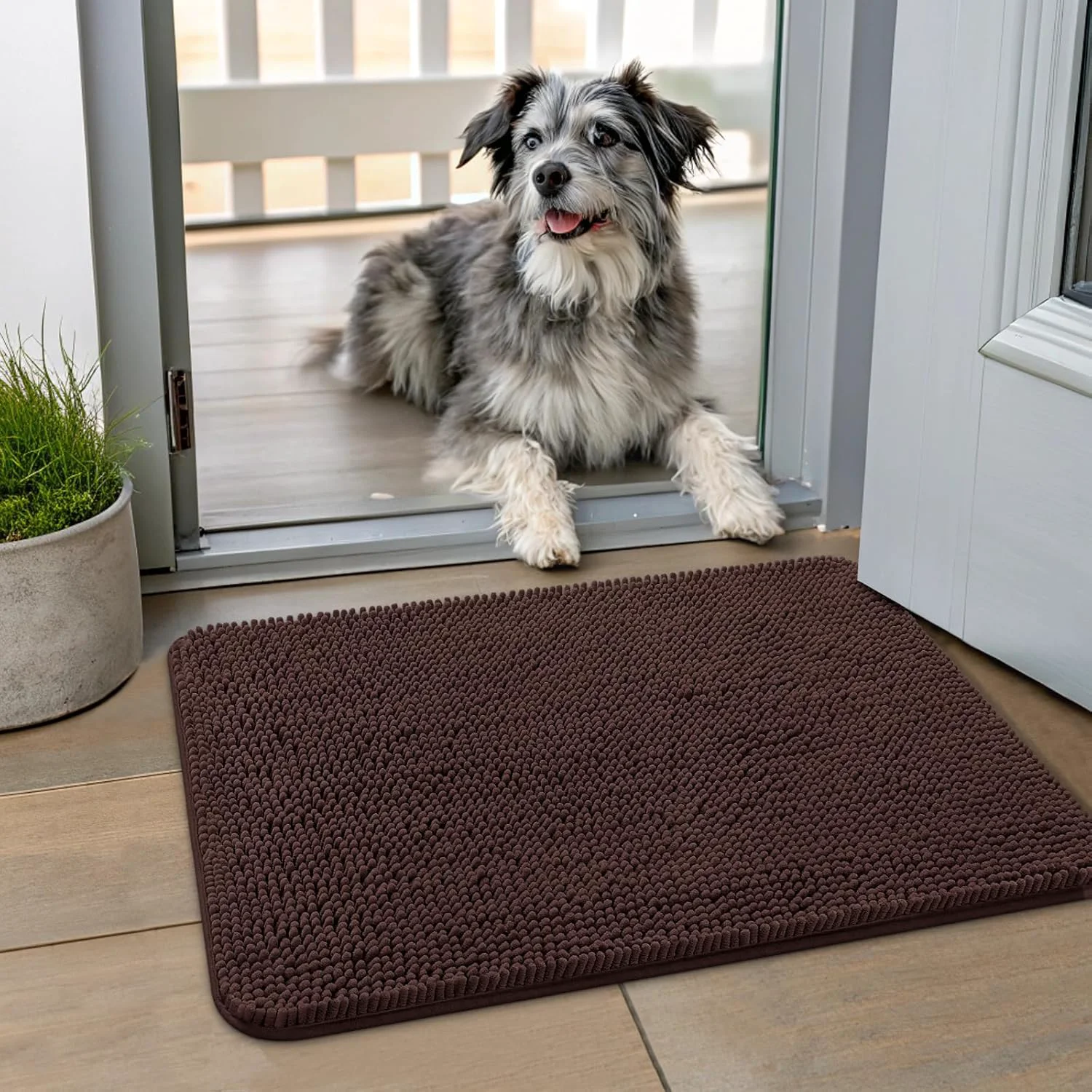 Expertly Made Smiry Dog Door Mat for Muddy Paws 24x16 Absorbs Moisture and Dirt Doormat Non-Slip Washable Quick Dry Chenille Front Door Mat Indoor Entrance Entryway Carpet for Inside Floor Brown Original Design