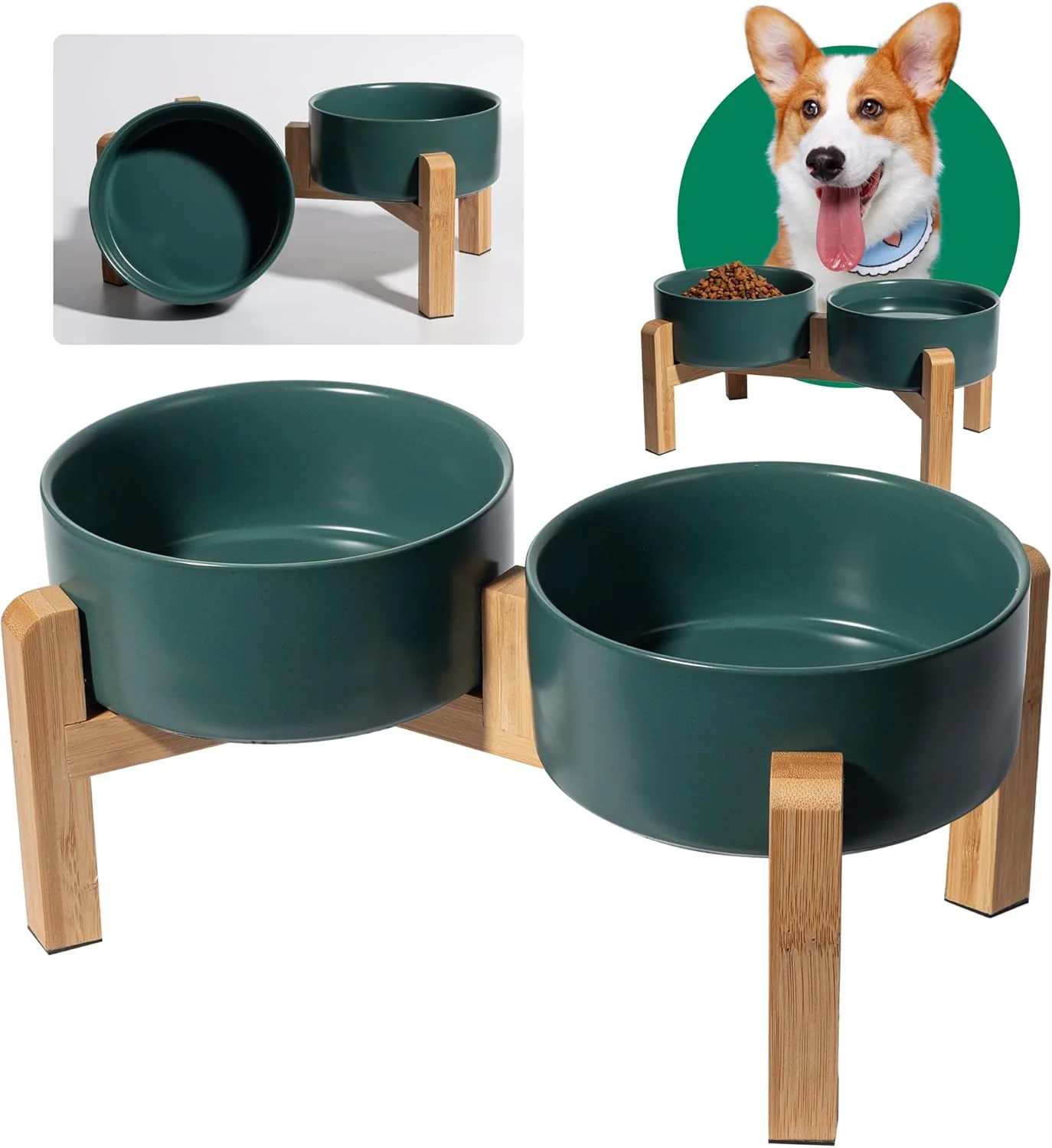 Carefully Designed d Ceramic Dog Bowl Set - Raised Dog Bowls with Non-Slip Bamboo Stand - Dog Food and Water Bowl Set - Double Dog Feeding Bowls - Suitable for Small and Medium Dogs - 28.74 OZ - 3.6 CUPS - 850 ML Professional