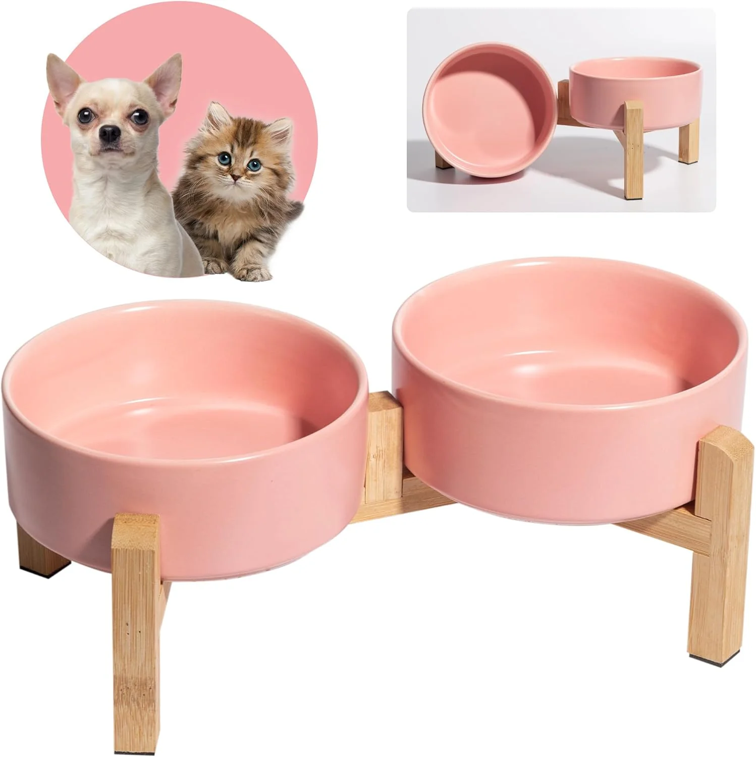 Secure d Ceramic Dog Bowl Set - Raised Feeding Bowls with Non-Slip Bamboo Stand - Small Pet Dishes for Food and Water - I for Cats and Puppies - 16.23 OZ - 2 Cups - 480 ML Certified