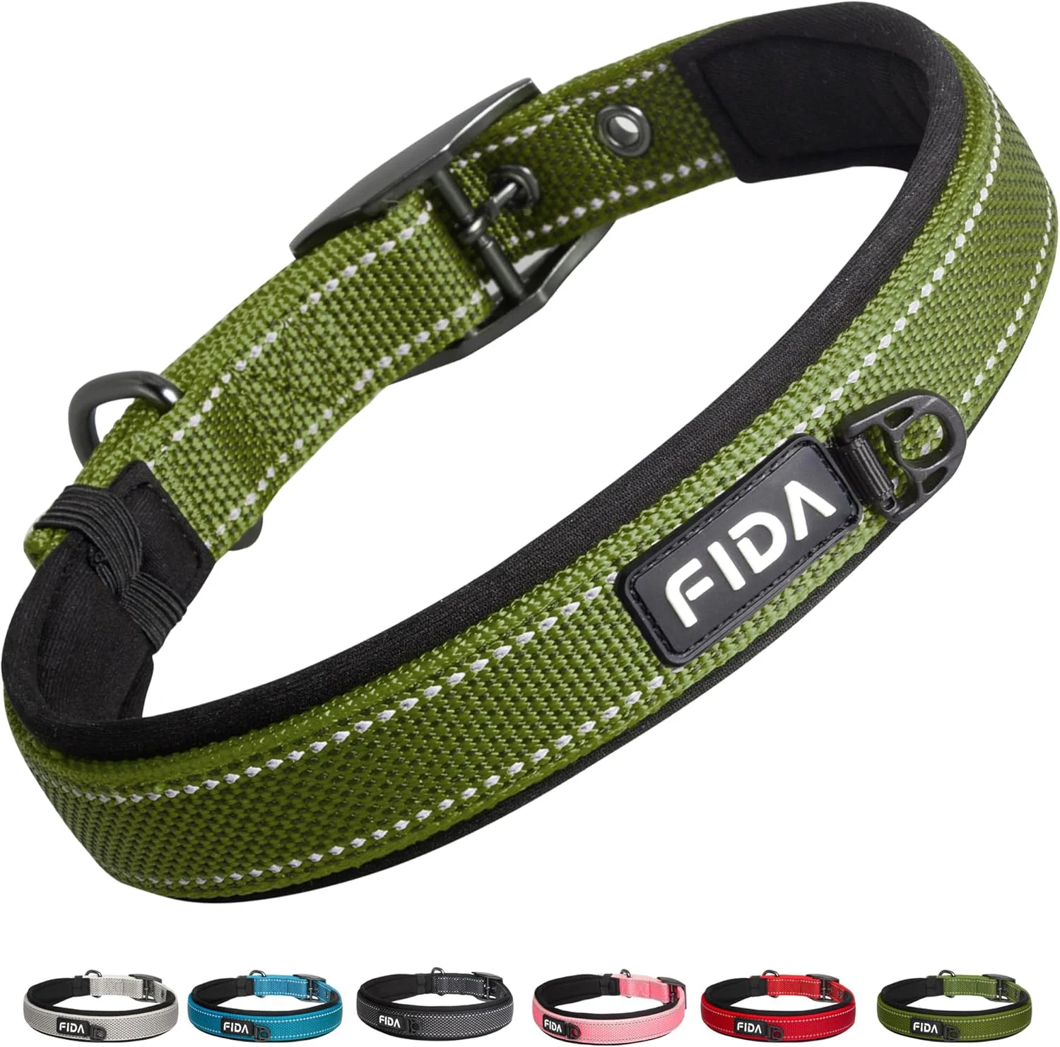 Unique Fida Heavy Duty Dog Collar for Medium Dogs Ultra Comfortable Soft Neoprene Padded Adjustable Reflective Nylon Pet Collar with Durable Metal Belt Buckle for Medium Breeds M Green Long-Lasting
