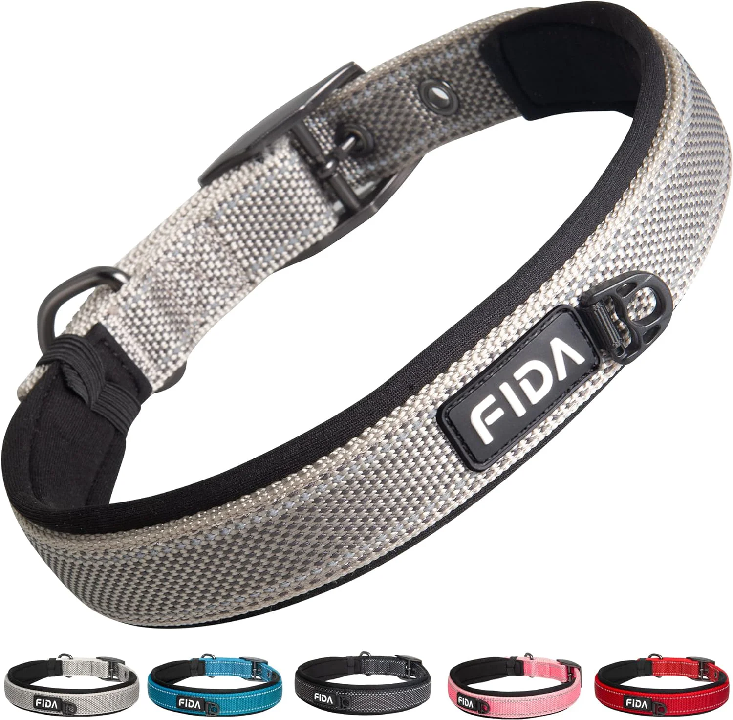 Consistent Fida Heavy Duty Dog Collar Ultra Comfortable Soft Neoprene Padded Adjustable Reflective Nylon Pet Collar with Durable Metal Belt Buckle for Large Breeds L Grey Stylish