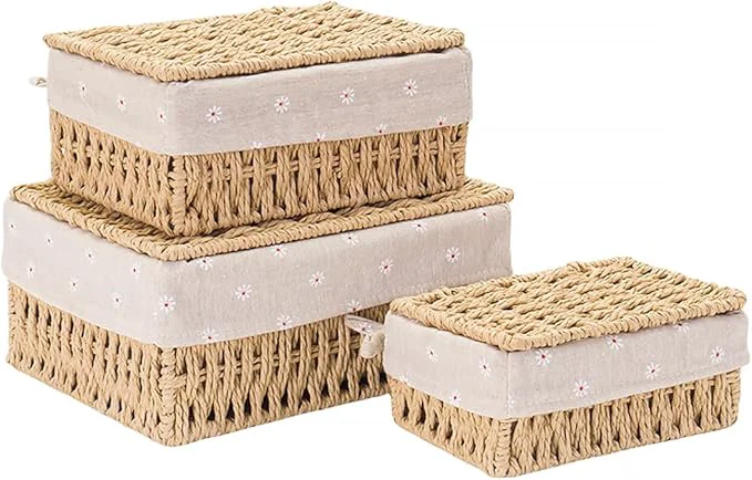 Consistent GIB Small Wicker Storage Baskets with Lids and Liner Rectangular Paper Rope Woven Baskets for Organizing Decorative Boxes Boho Decor for Shelves Table Desktop Makeup Organizer Set of 3About ThisOverview Crafted