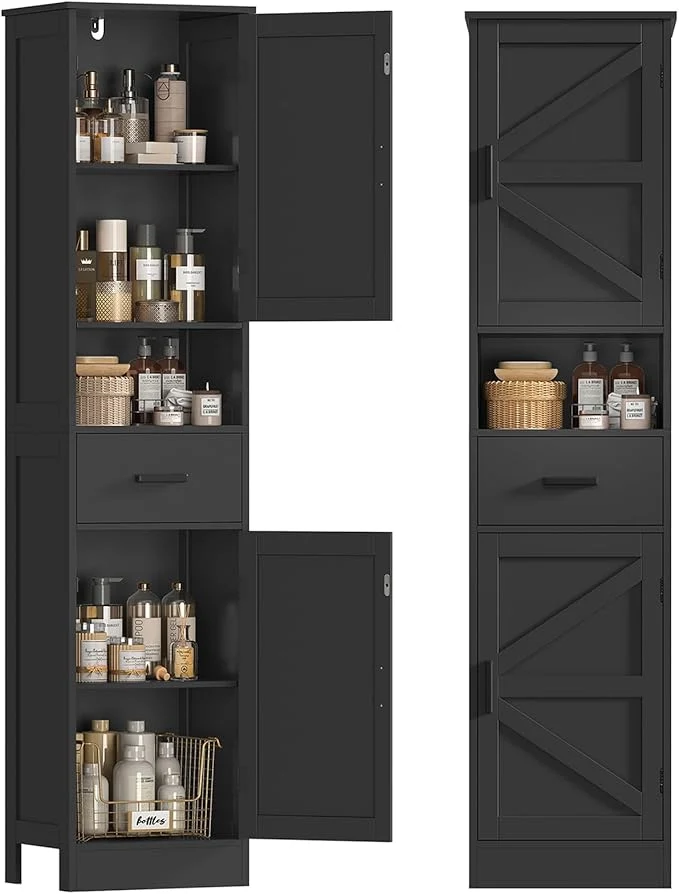 Crafted TEENFON Tall Bathroom Storage Cabinet with Barn Doors Narrow Bathroom Cabinet with Drawer Narrow Storage Unit Adjustable Shelves Floor Cabinets for Living Room Entryway Kitchen BlackAbout ThisOverview Practical
