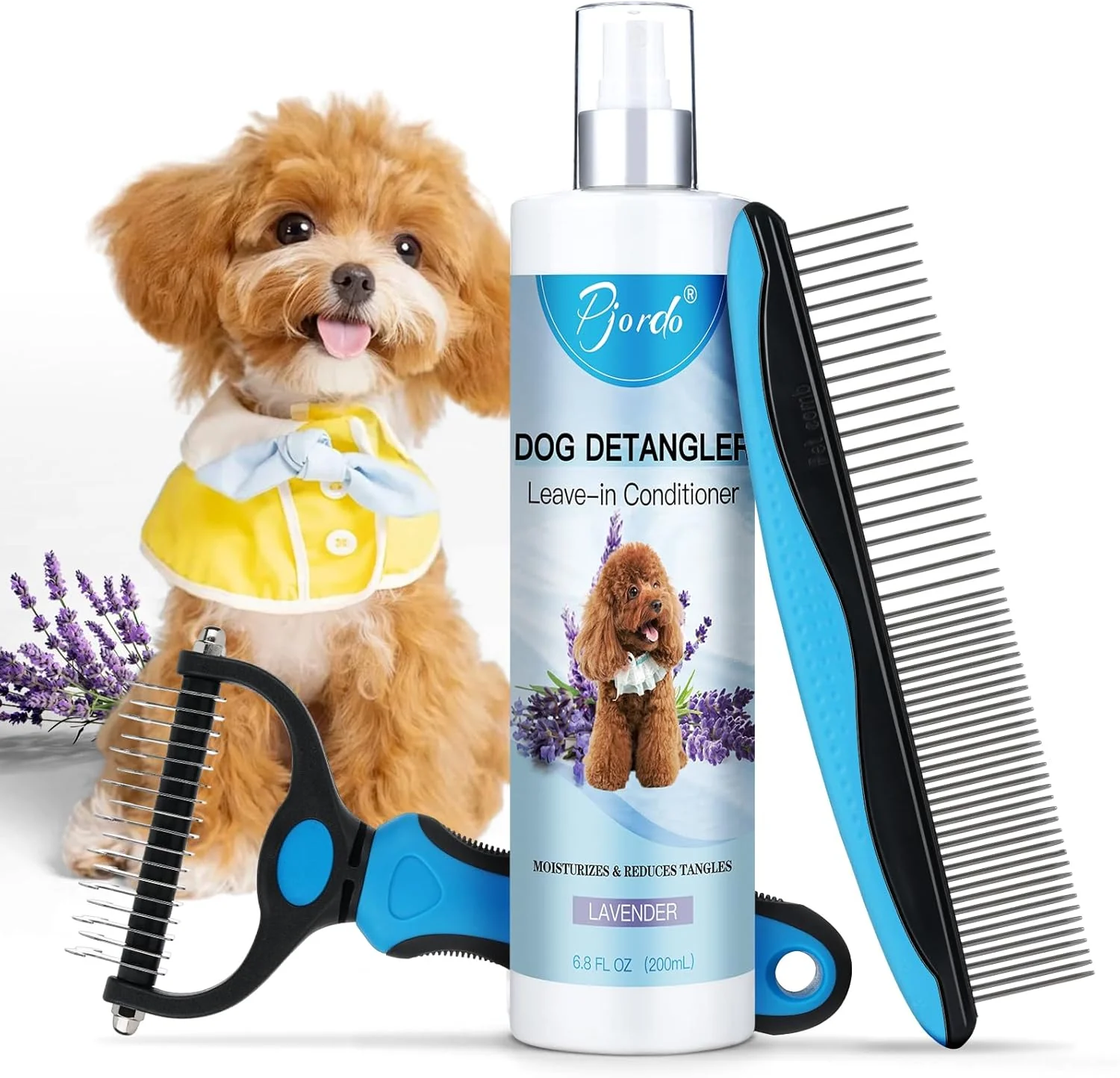 Functional Dog Detangler Spray Natural Dog Leave in Conditioner Spray with Deshedding Brush and Metal Comb for Grooming and Mat Removal Lavender Stylish