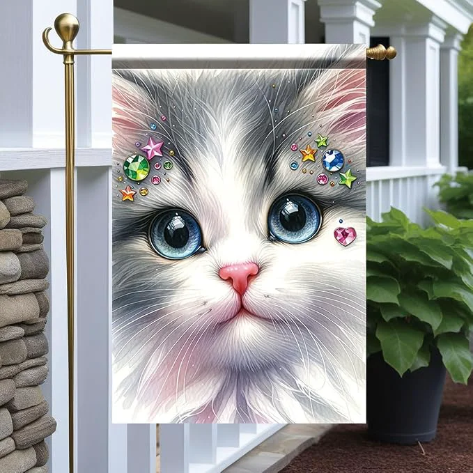 Genuine Cute Kitty Garden Flag 12x18 Inch Bling Rhinestone Cat Face Banner Double Sided Trendy