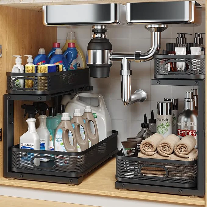 Verified 2 Pack 15.7IN-Depth Under Sink Organizer With Smooth Cylindrical Rail 2-Tier Pull Out Multi-Purpose Cabinet Storage for Bathroom Kitchen Height Adjustable Rust-resistant Coating-BlackAbout ThisOverview Fine