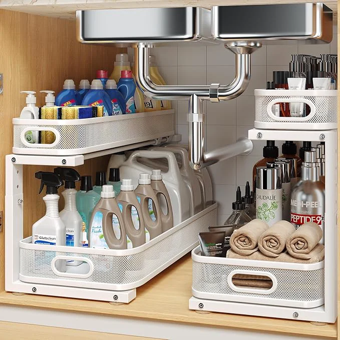 Breathable 2 Pack 21.3IN-Depth Under Sink Organizer with Smooth Cylindrical Rail 2-Tier Pull Out Multi-Purpose Cabinet Storage for Bathroom Kitchen Height Adjustable Rust-Resistant Coating-WhiteAbout ThisOverview Convenient