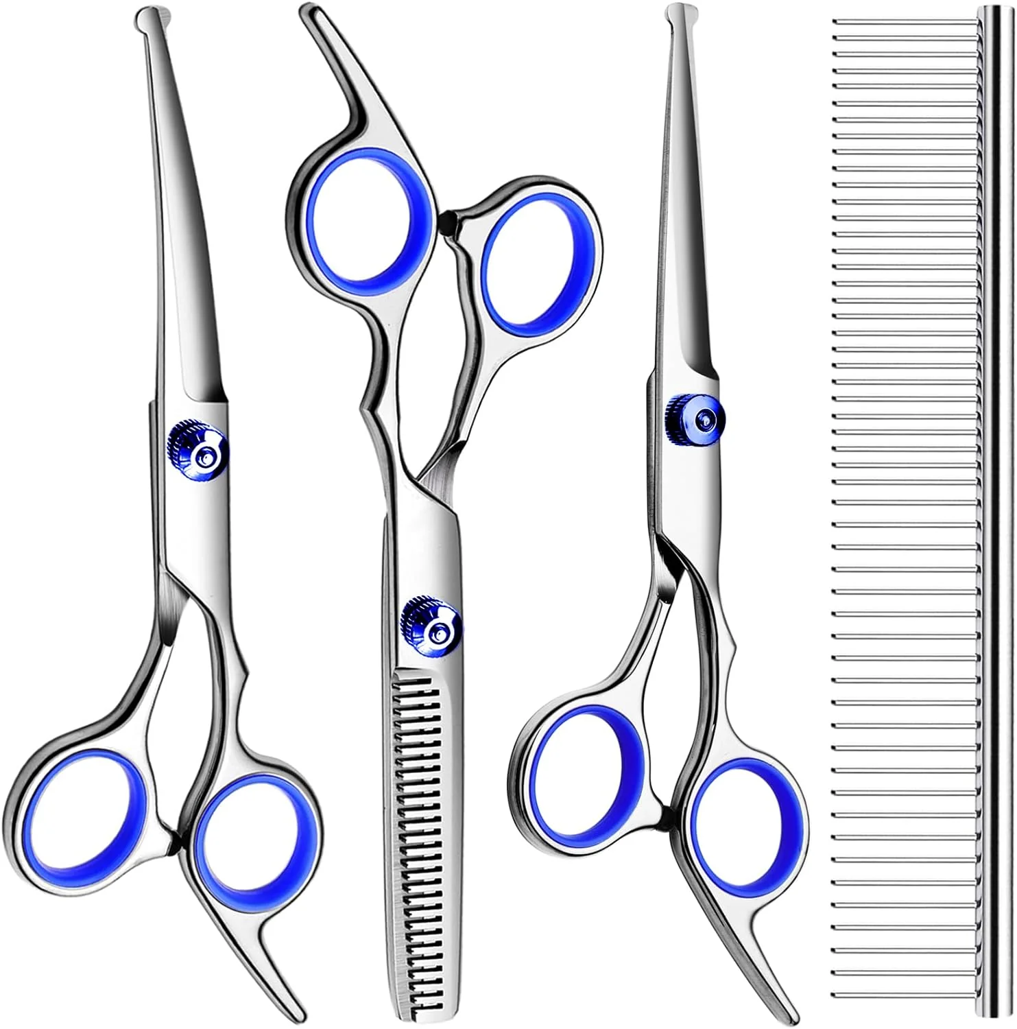 Carefully Designed Professional Dog Grooming Scissors Kit Titanium Coated Dog Scissors for Grooming Grooming Shears Kit - Straight Thinning Curved Scissors and Comb for Dog Cat Pet Blue 5 in 1 Advanced