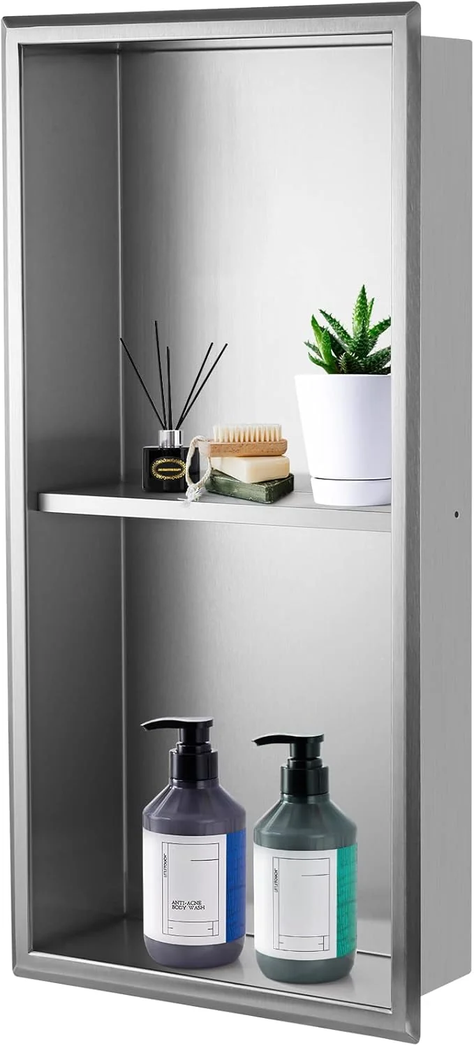 High-End 12 ×24 Shower Niche with Divider Brushed Stainless Steel Bathroom Shelf Insert Double Recessed Shower Caddy Fits for 10-7 8 x 22-7 8 Wall Hole Installation Nickel About ThisOverview High-Performance
