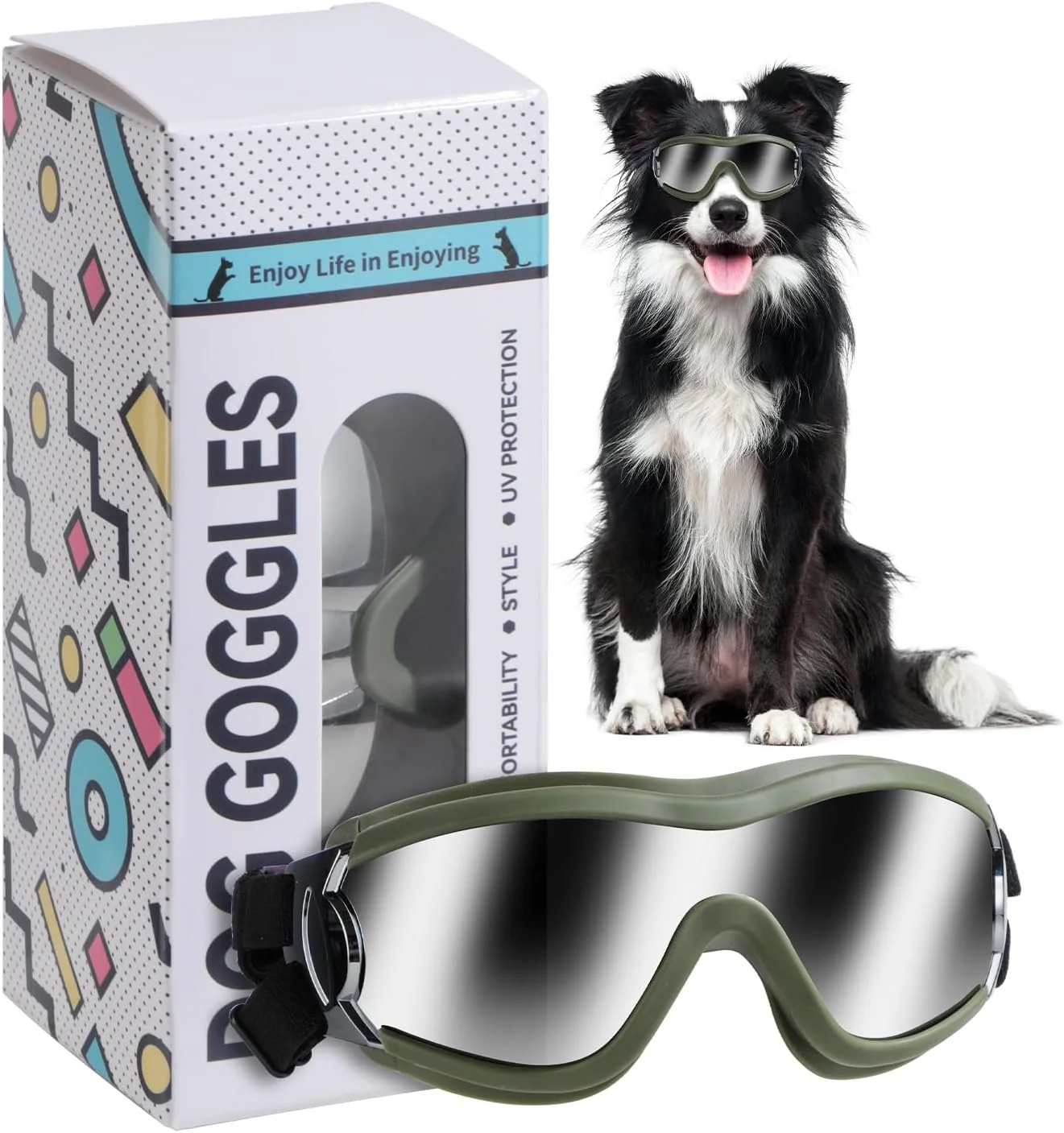 Fast NVTED Dog Sunglasses Goggles UV Wind Dust Fog Protection Pet Glasses Eye Wear Protection with Adjustable Strap for Medium or Large Dog Green Solid