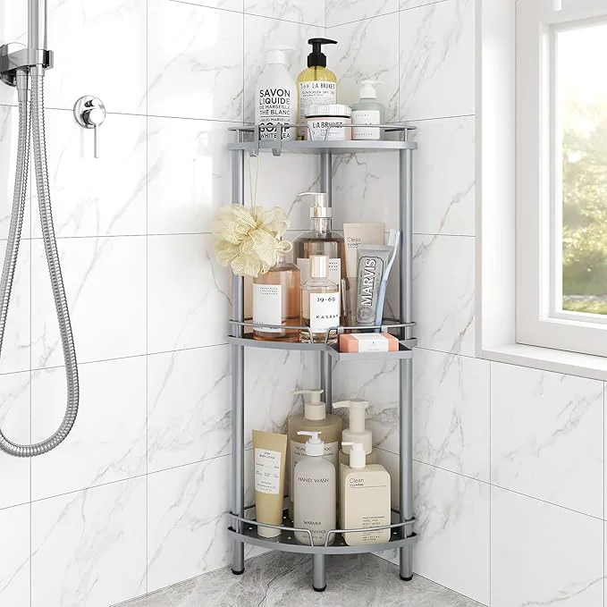 Elite ELYKEN Corner Shower Caddy Standing 3 Tier Rustproof Metal Shower Organizer with Soap Holder Floor Shower Corner Shelf Rack Storage Stands with Adjustable Feet 2 Hooks for Bathroom SilverAbout ThisOverview Original